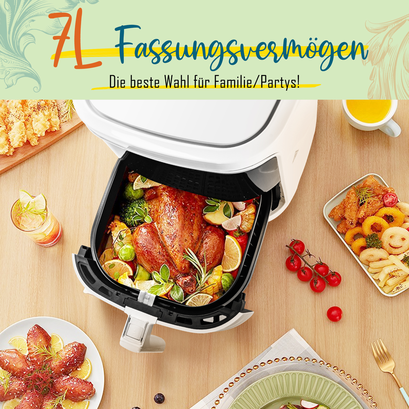 Eine Heißluftfritteuse mit Brathähnchen und Gemüse. Beilagen sind Hähnchenflügel und Pommes.