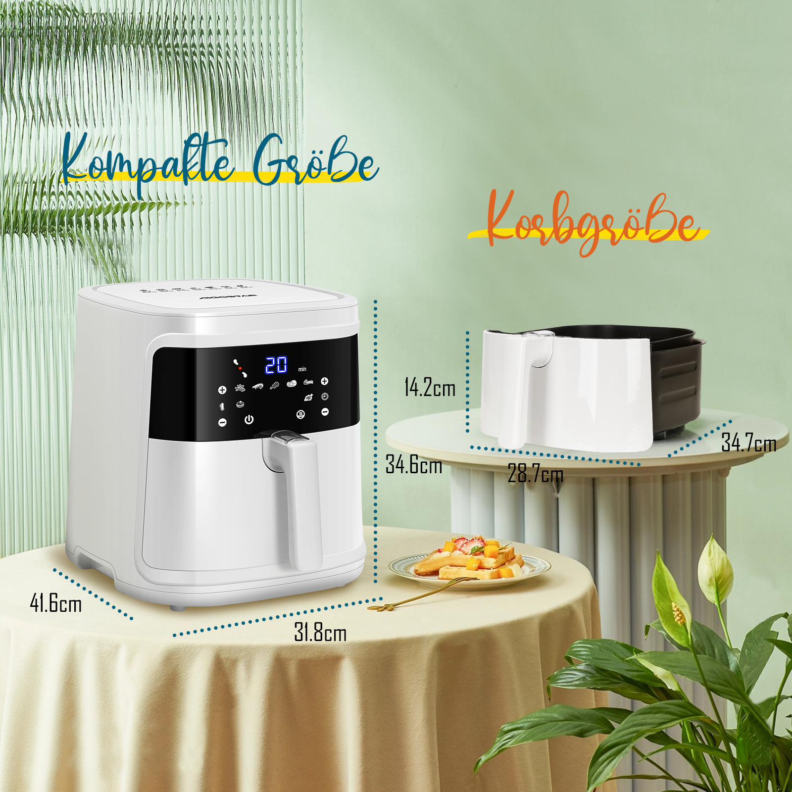 Eine weiße Heißluftfritteuse mit schwarzem Digitaldisplay, daneben Abmessungen eines Korbes und ein Teller mit Essen.