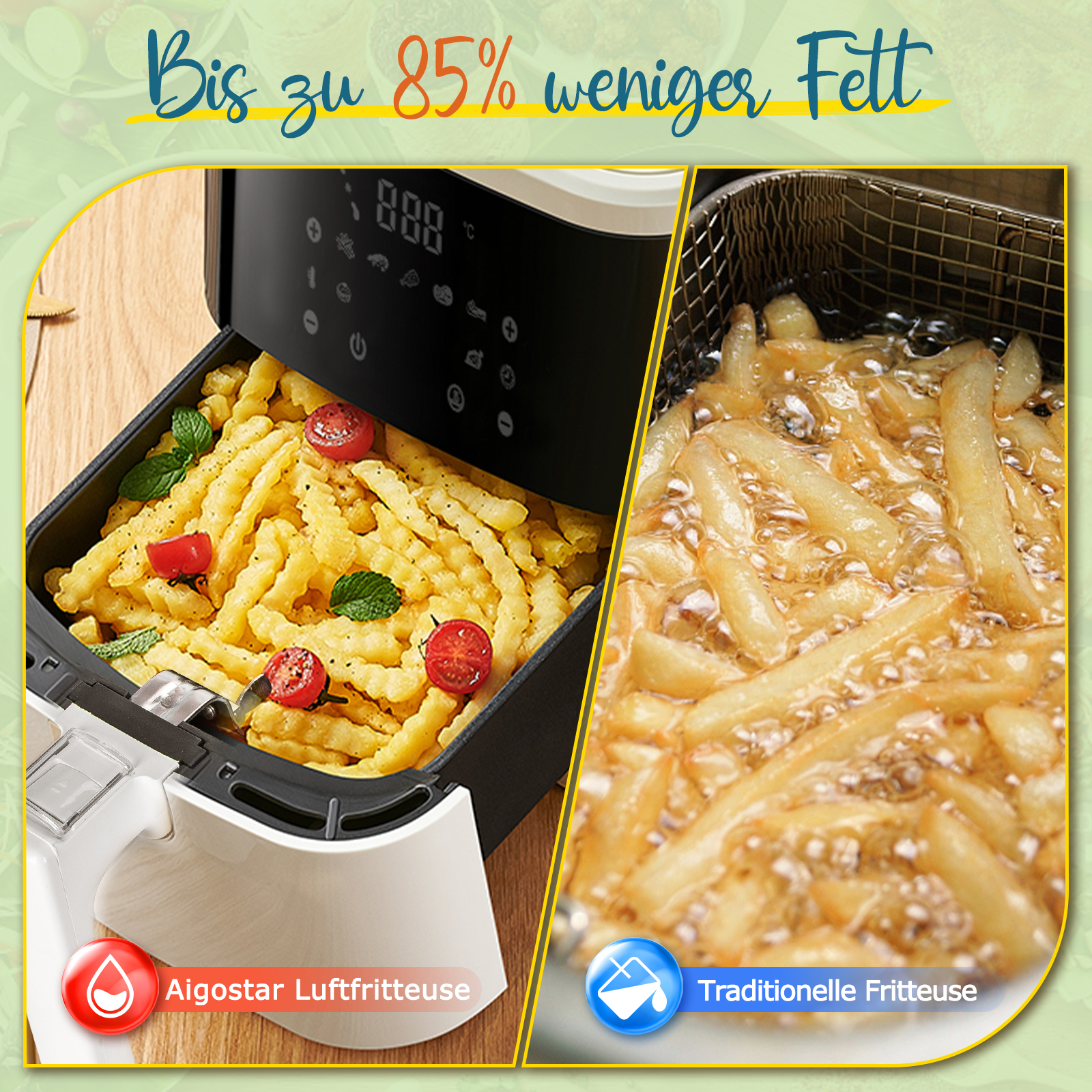 Pommes in Heißluftfritteuse und traditioneller Fritteuse, mit Textvergleich.