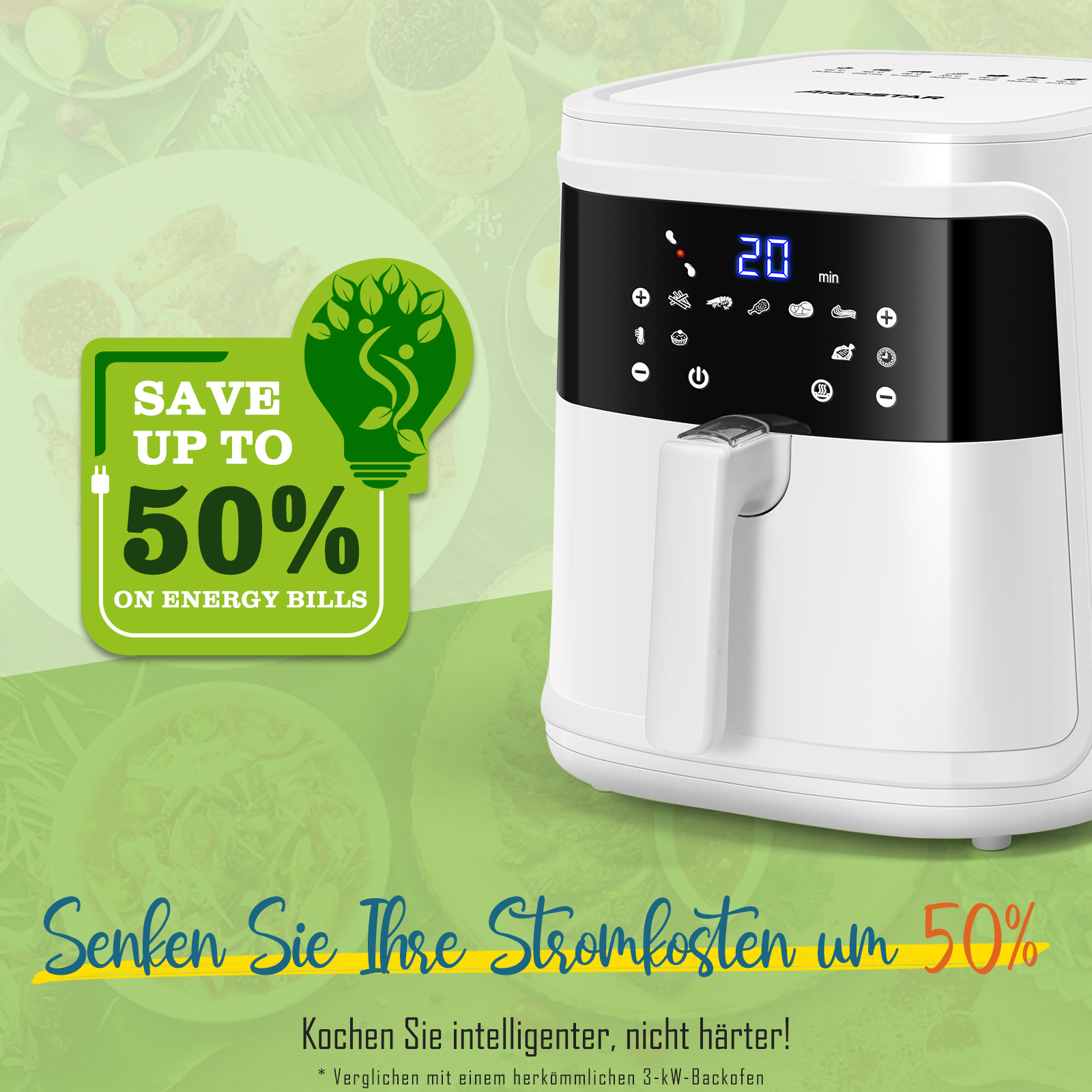 Ein weißer Airfryer mit digitalen Einstellungen, der Energie spart.