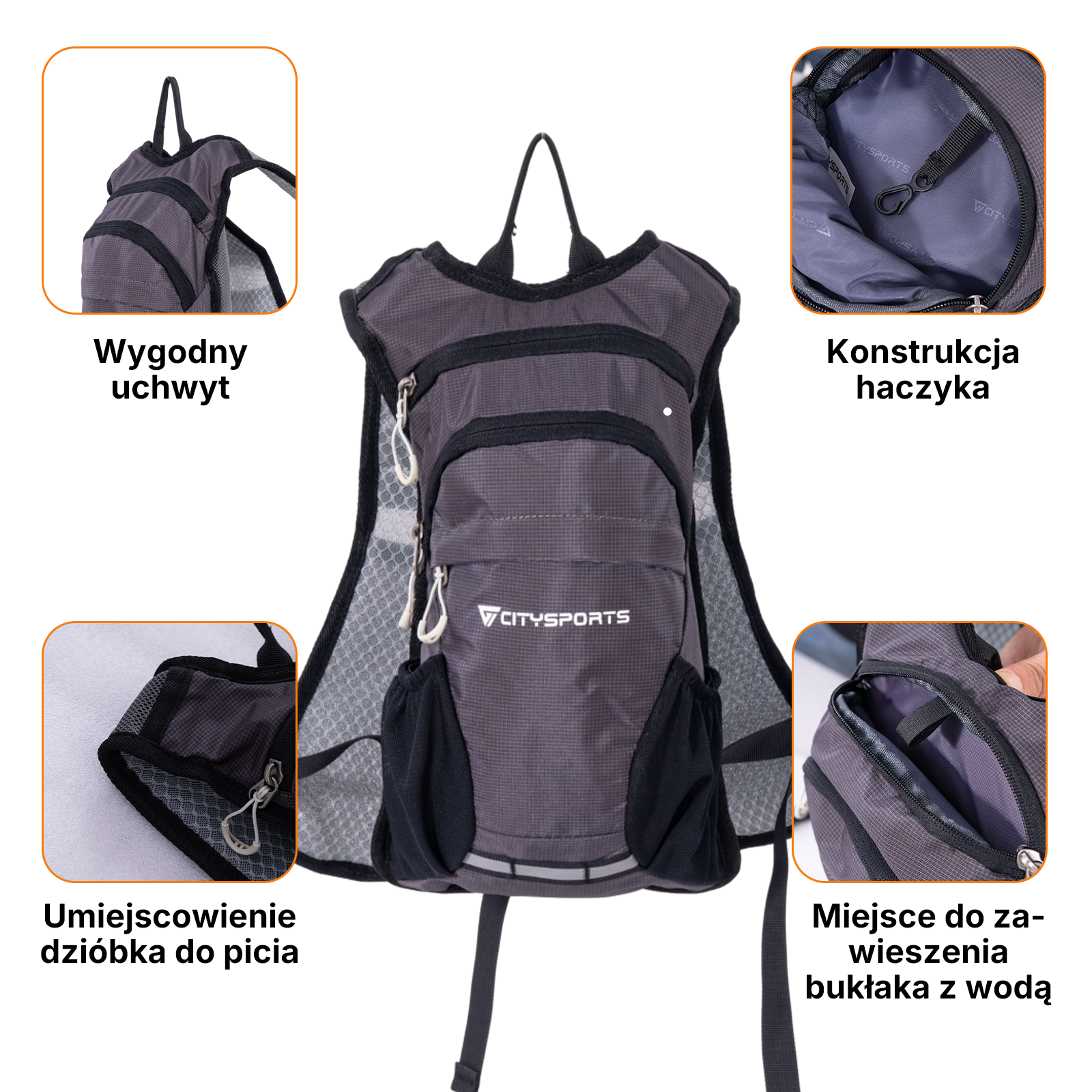 Szary plecak z wieloma kieszeniami i zamkami. Pokazuje uchwyt, konstrukcję haczyka, otwór do picia i uchwyt na bukłak.