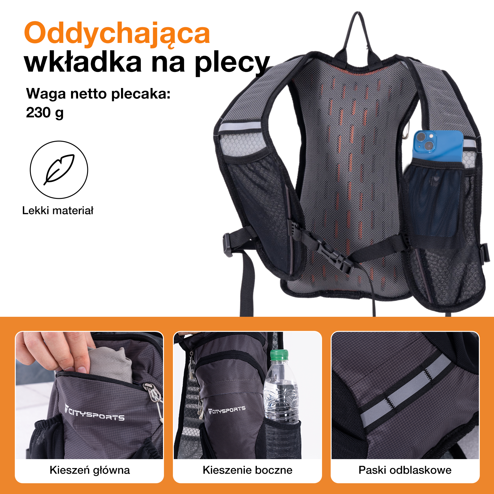 Szary plecak z panelami z siateczki i odblaskowymi paskami, widoczny telefon i butelka.
