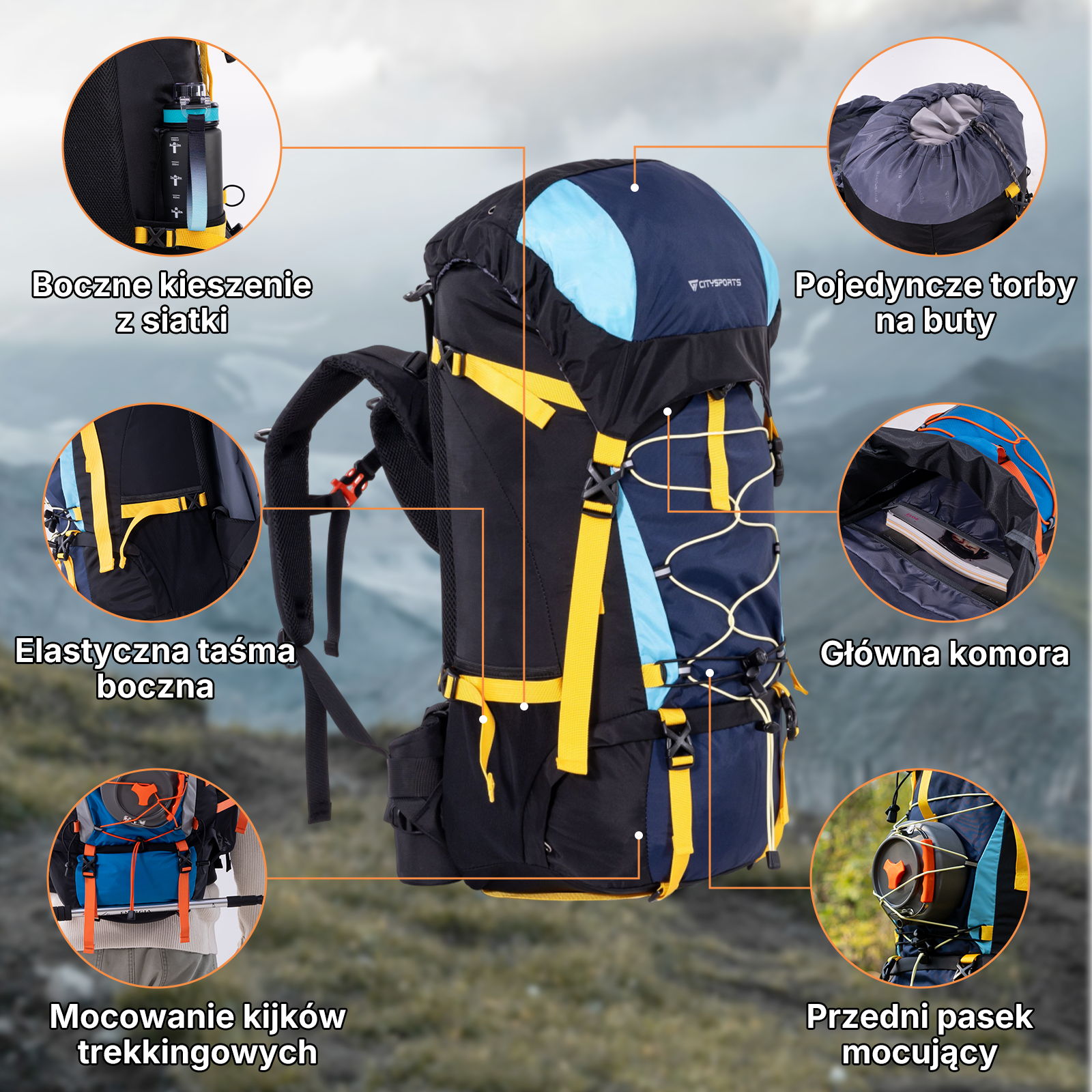 Plecak z bocznymi kieszeniami z siatki, paskami i główną komorą.