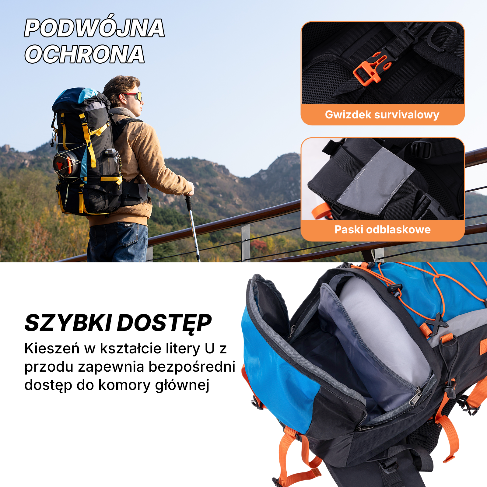 Mężczyzna wędruje w górach z dużym plecakiem. Pokazano zbliżenia cech plecaka.