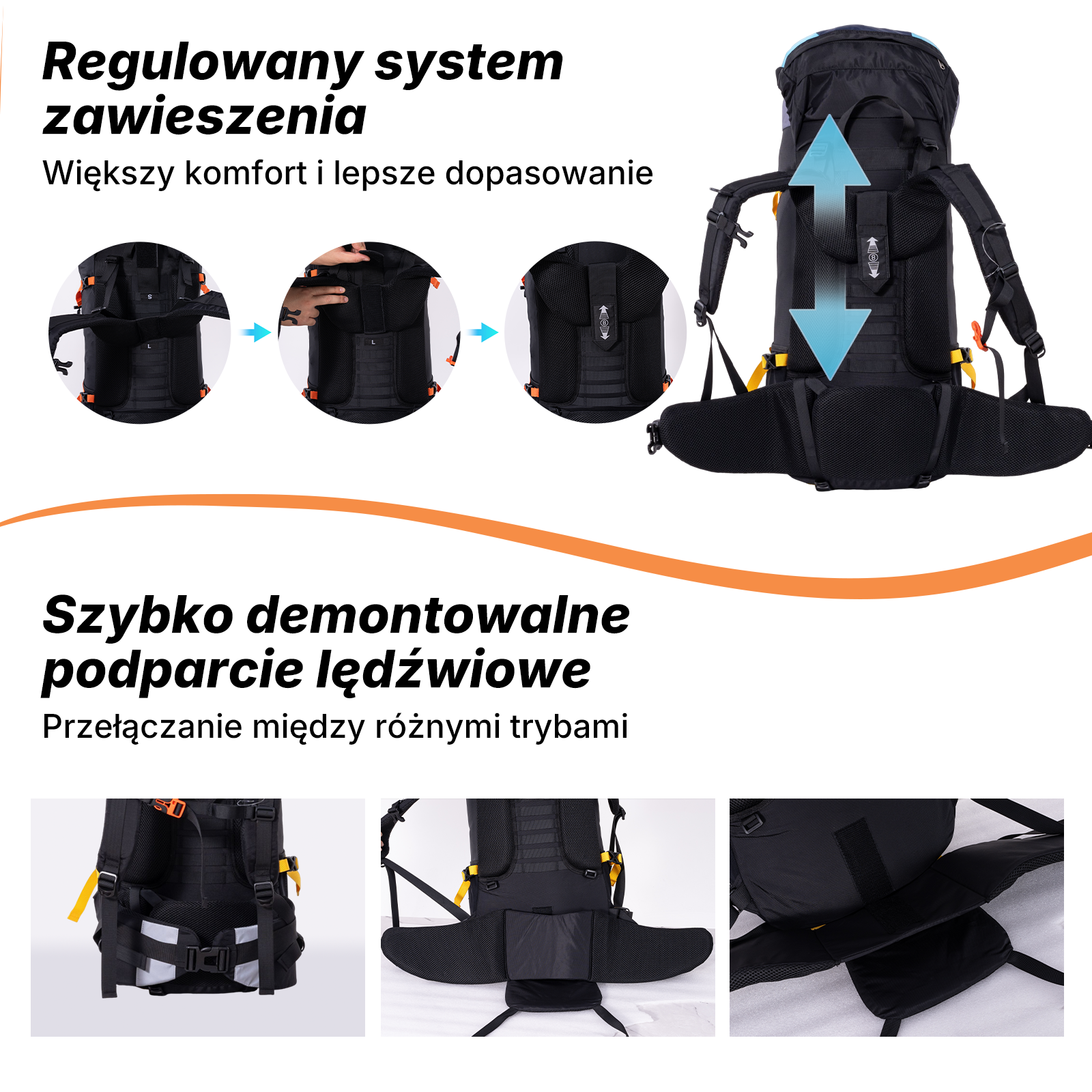 Czarny plecak turystyczny z regulowanym systemem zawieszenia i odpinanym podparciem lędźwiowym, przedstawiony w wielu ujęciach.