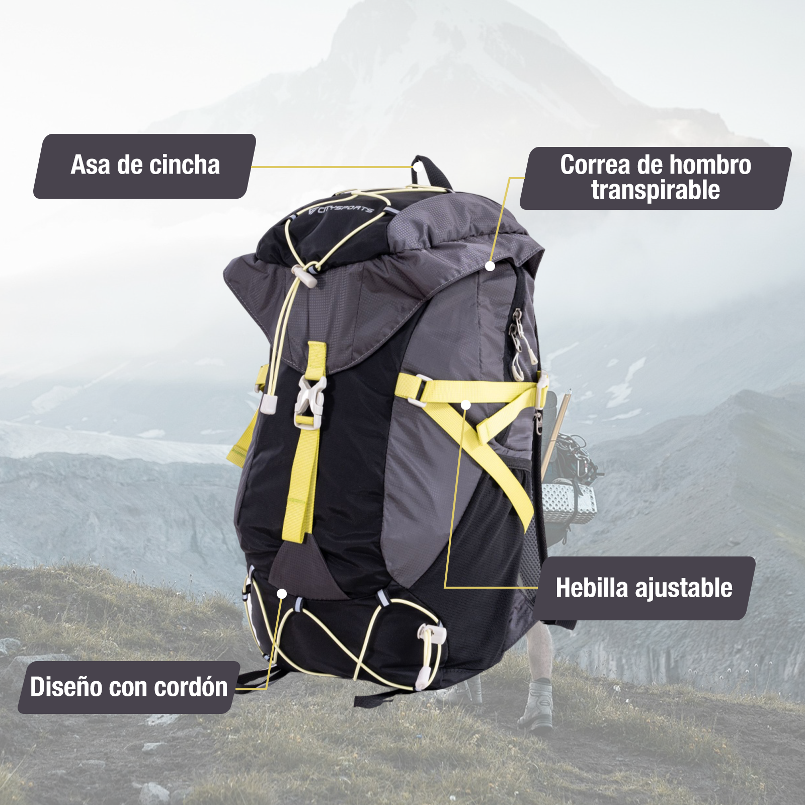 Mochila gris y negra con detalles amarillos, paisaje de montaña al fondo.