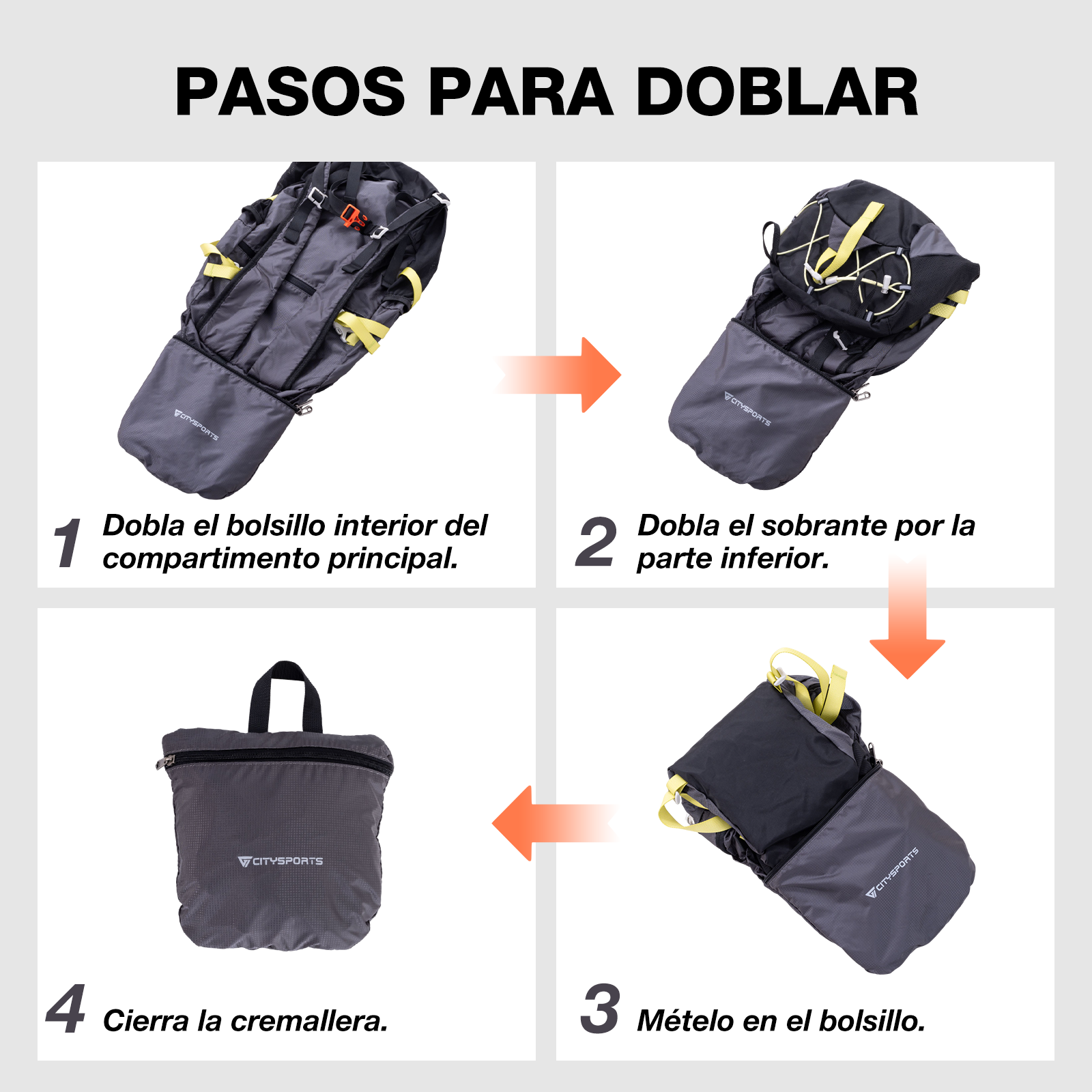 Pasos para doblar una mochila: doblar bolsillo, doblar abajo, guardar, cerrar.