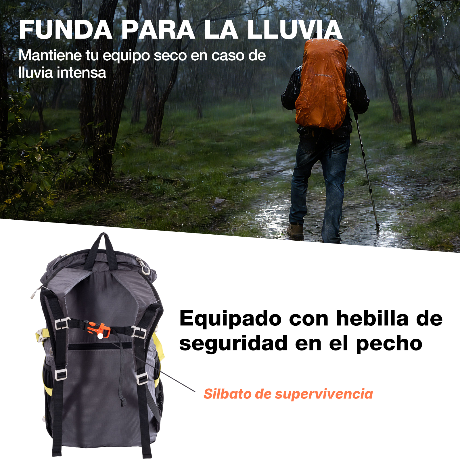 Un excursionista con mochila naranja camina bajo la lluvia. Se muestra una mochila.