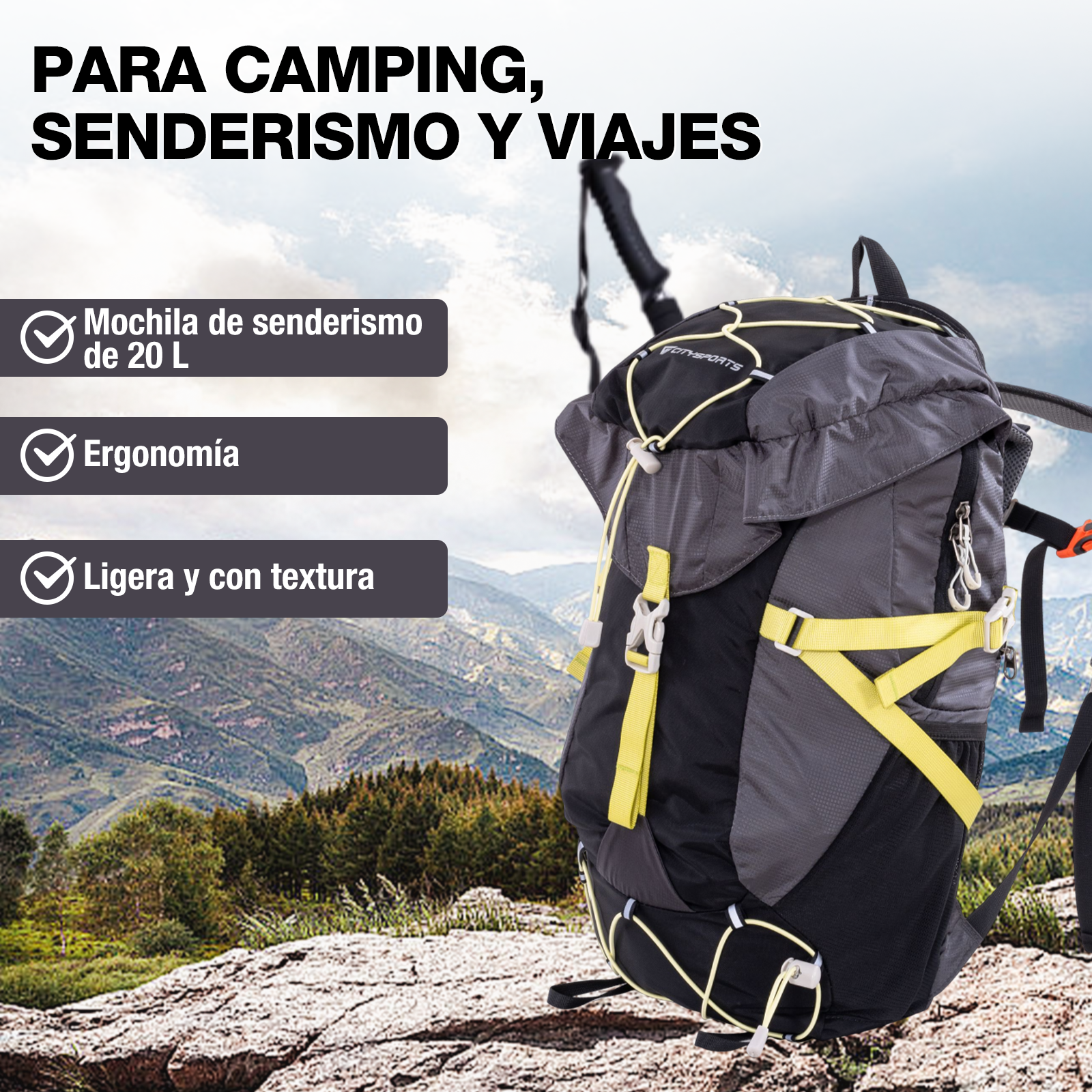 Mochila gris con acentos amarillos frente a paisaje montañoso.