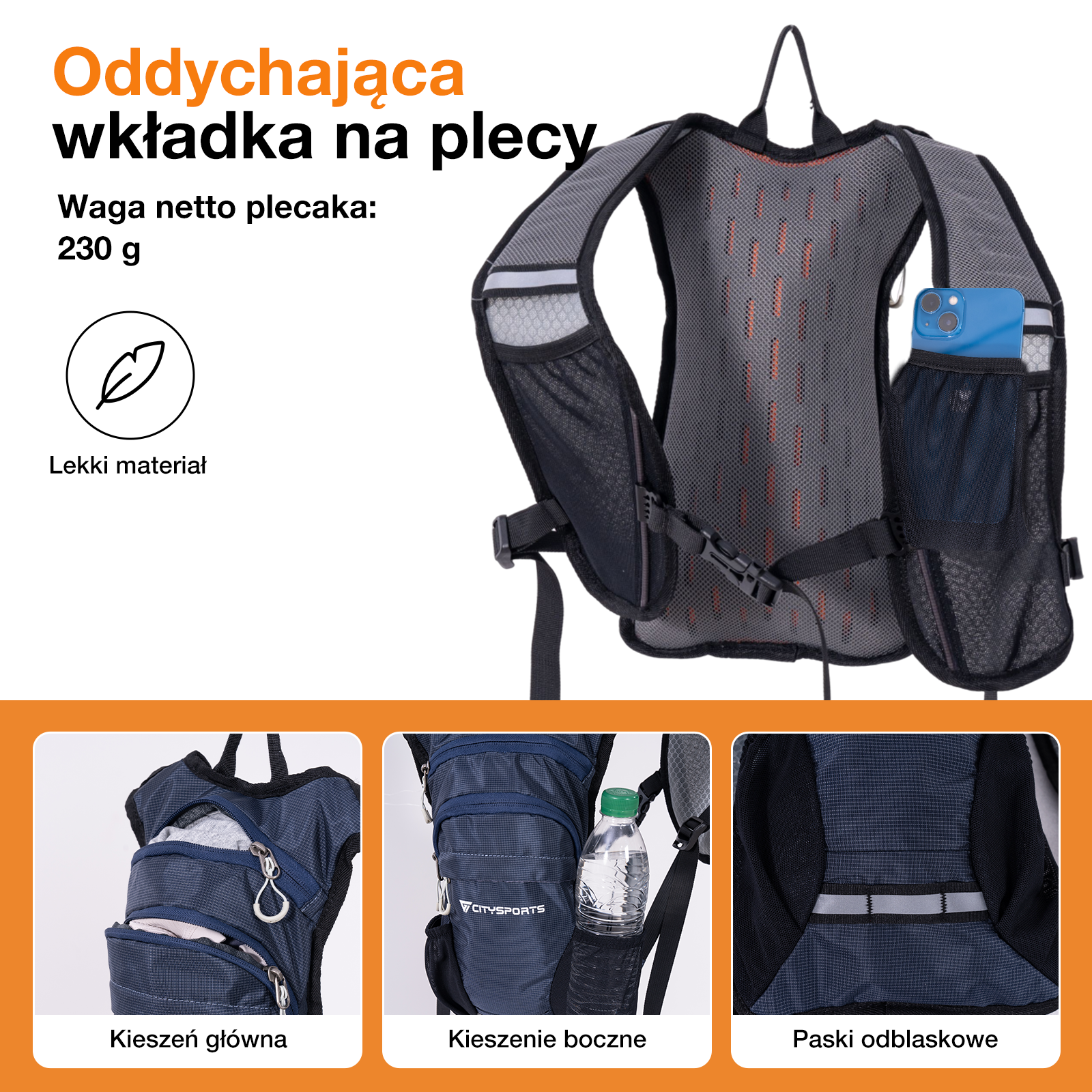 Plecak sportowy z komorą główną, kieszeniami bocznymi i odblaskami. Lekki.