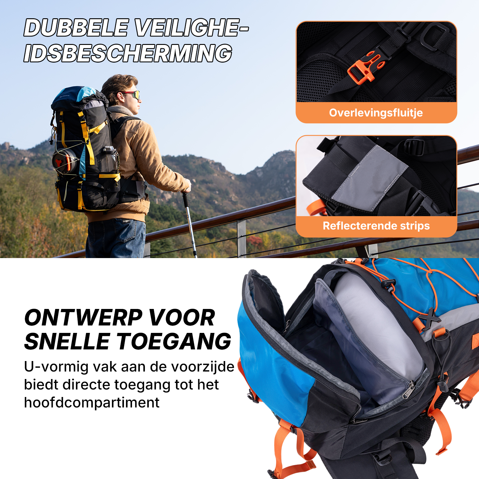 Hiker with backpack and pole, shows backpack details like buckle and reflective strips.