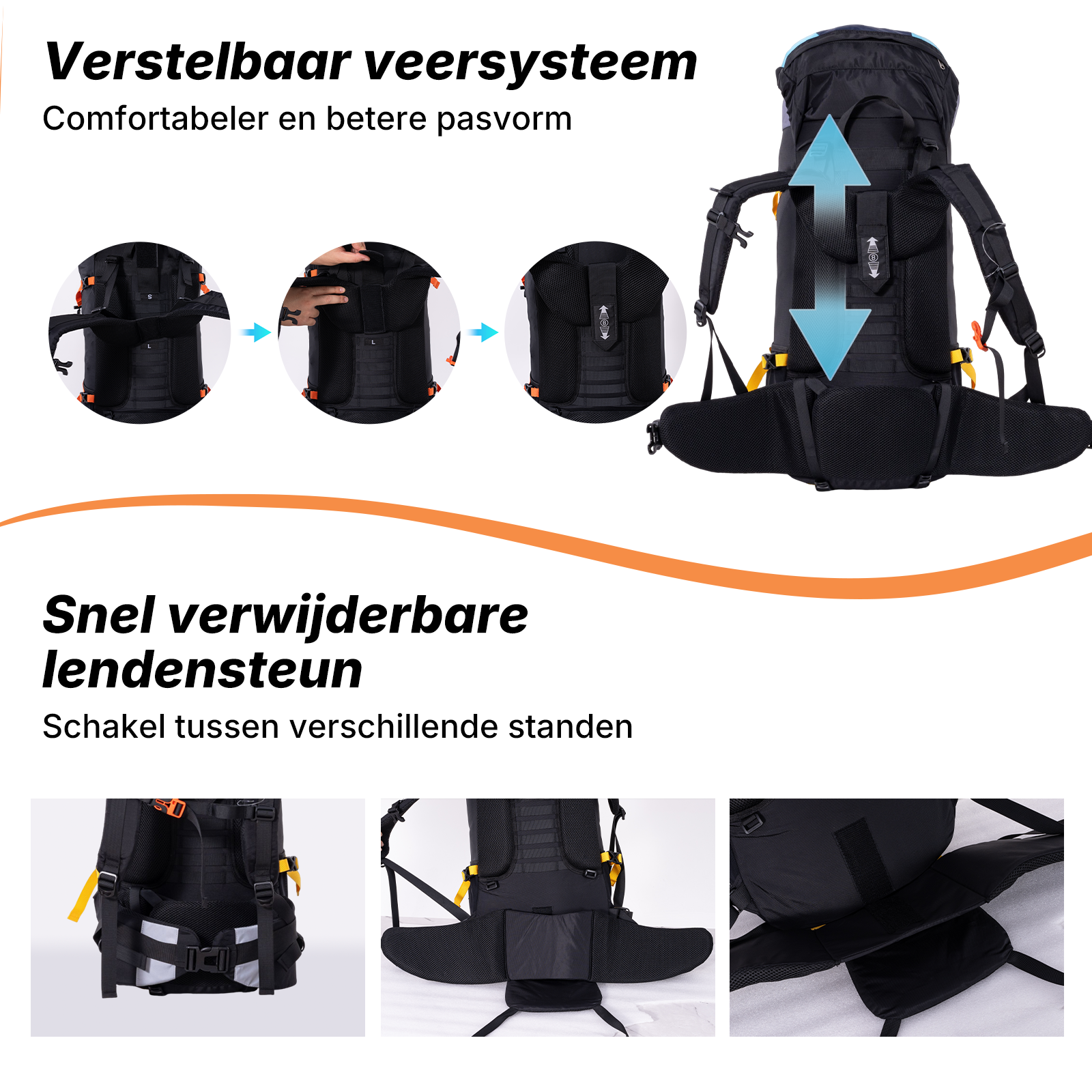 Backpack with adjustable suspension system and removable lumbar support.