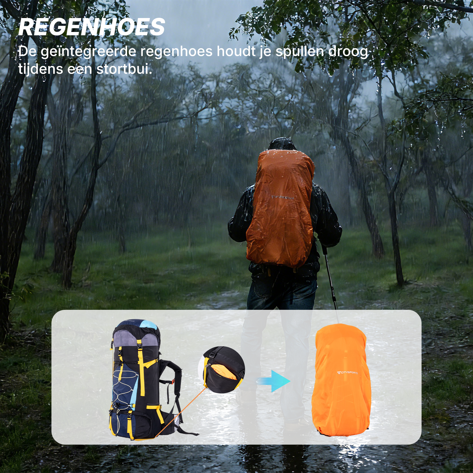 Hiker with orange backpack in rain. Shows backpack and cover.