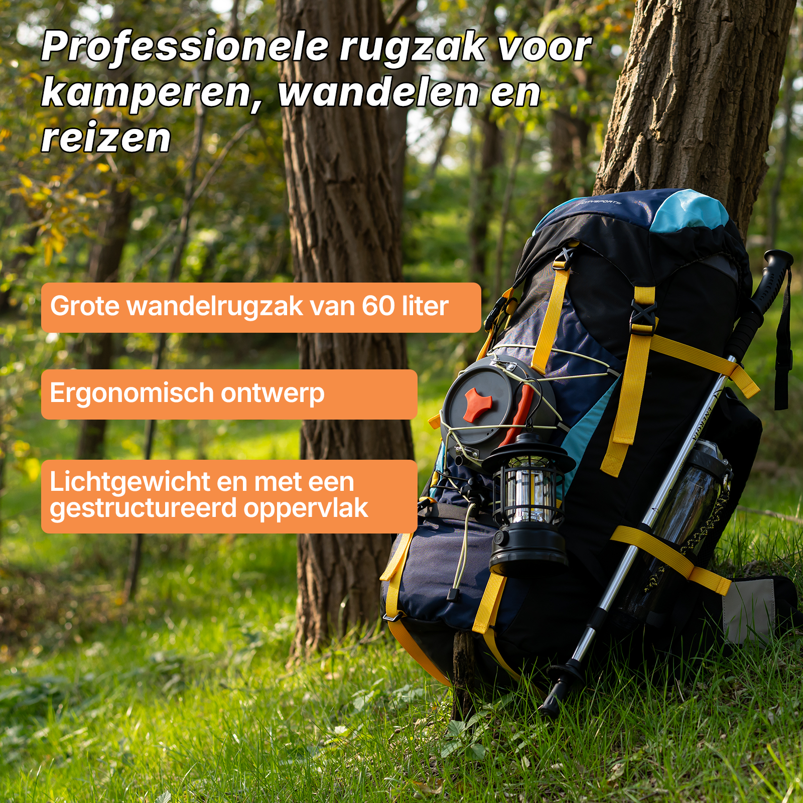 A large blue and black hiking backpack with yellow straps, a lantern, and a water bottle leans against a tree in a forest.