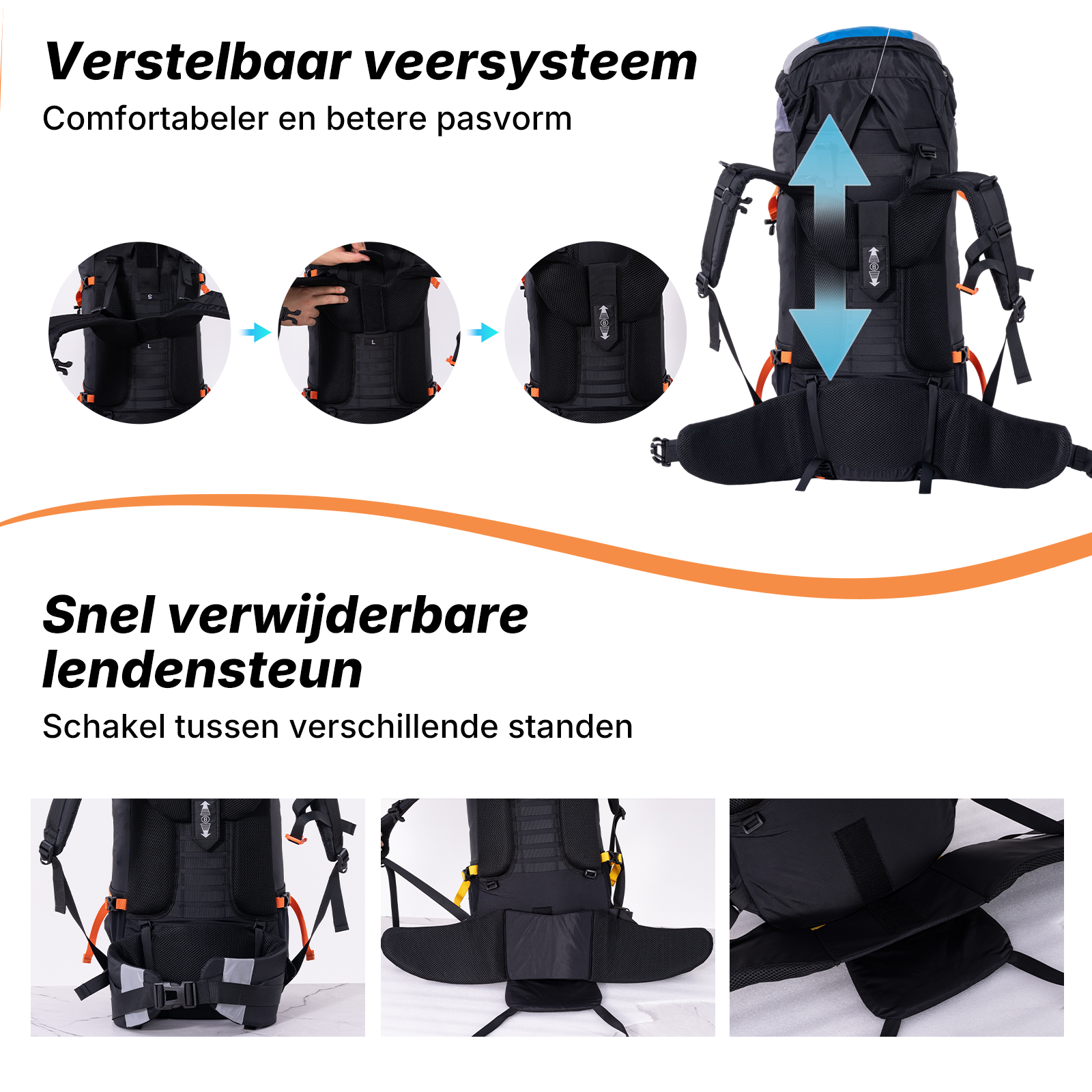 A black backpack with an adjustable harness system and a detachable lumbar support strap.