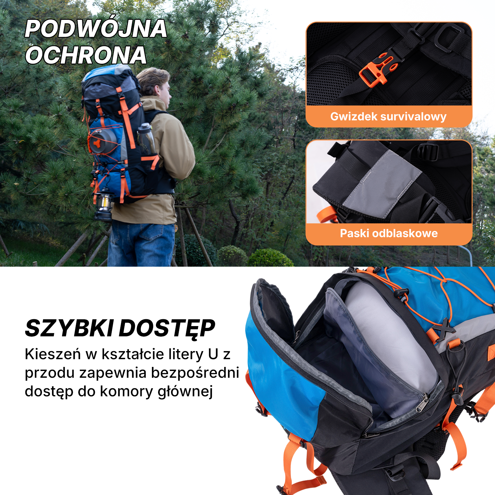 Mężczyzna w dużym plecaku na łonie natury. Zdjęcia zbliżeniowe pokazują klamry i odblaskowe paski.