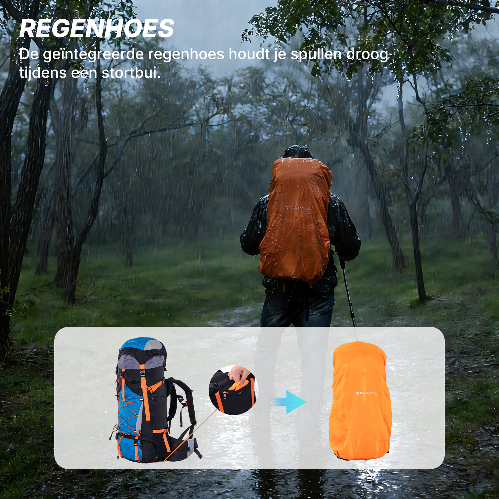 Turysta z pomarańczowym plecakiem w deszczu. Na dole: plecak i pokrowiec.