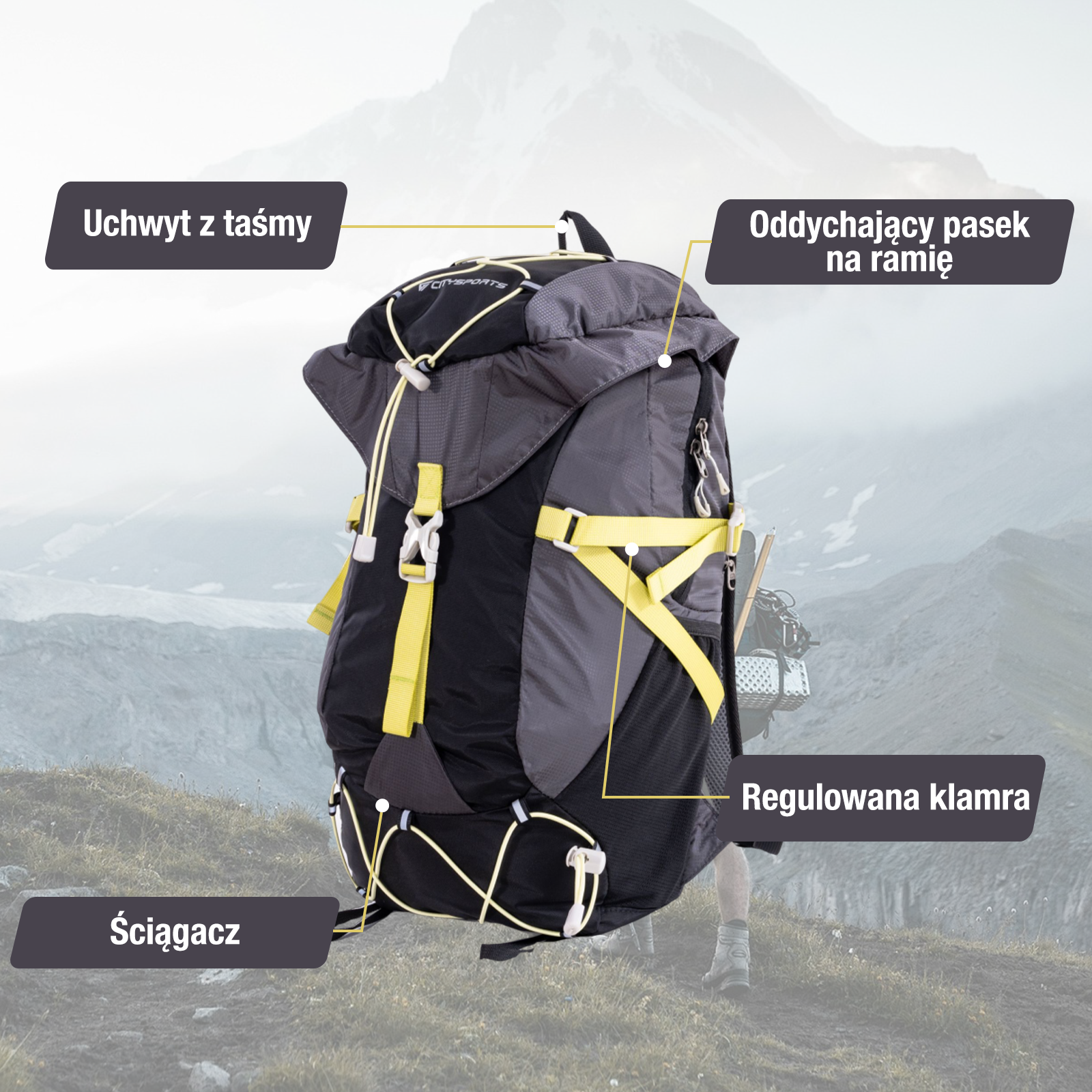 Szary plecak z żółtymi akcentami i etykietami na tle gór.