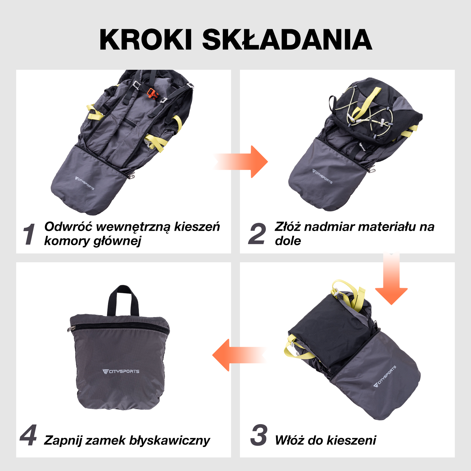 Instrukcja składania plecaka, od rozłożenia do schowania.