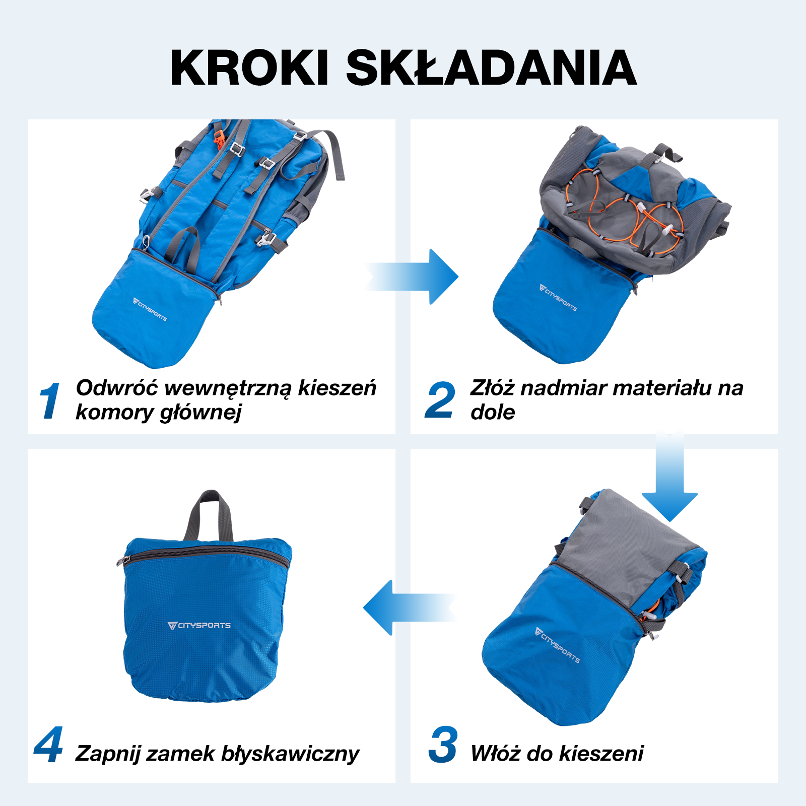 Instrukcje krok po kroku składania niebieskiego plecaka.