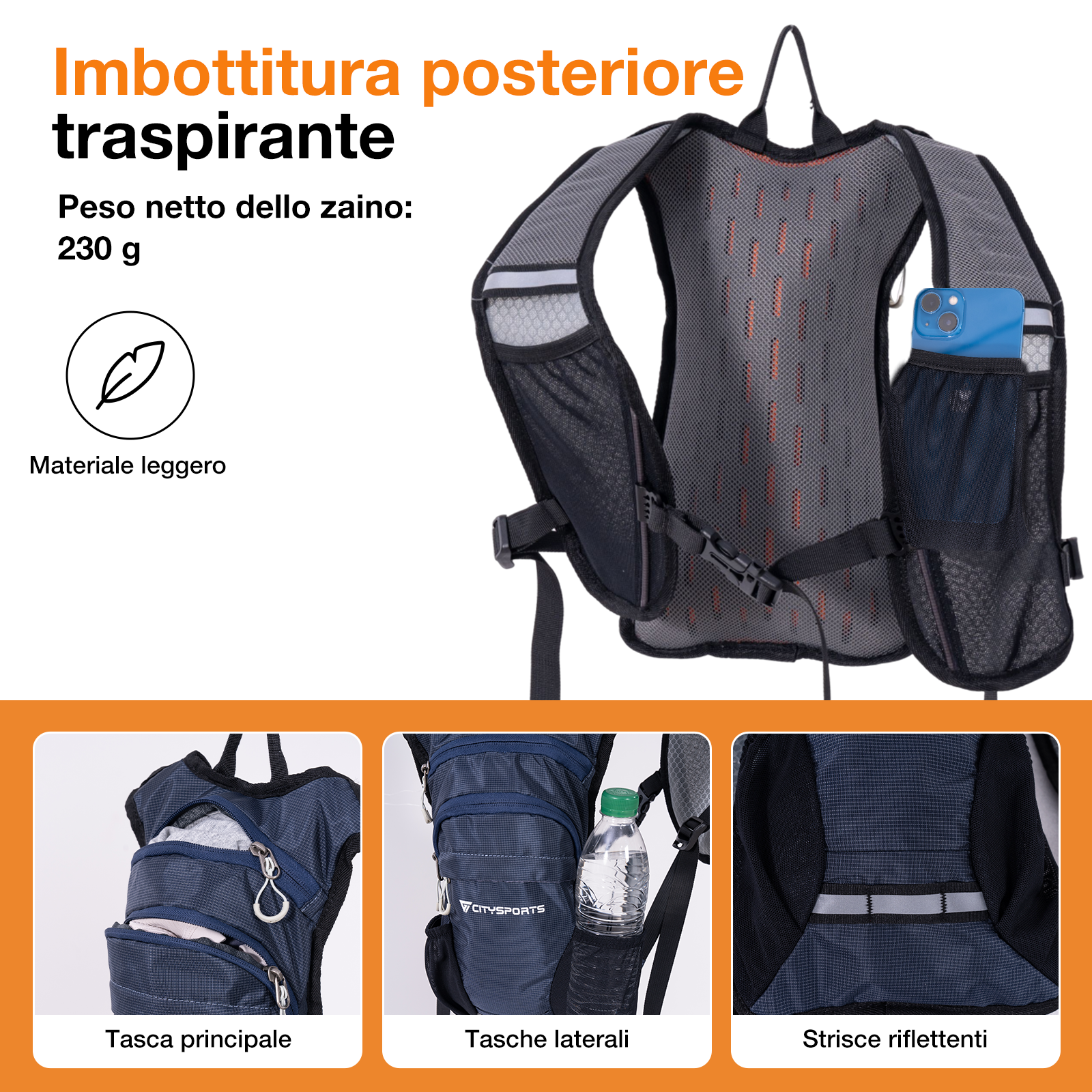 Uno zaino leggero con imbottitura posteriore traspirante e tasca per telefono.