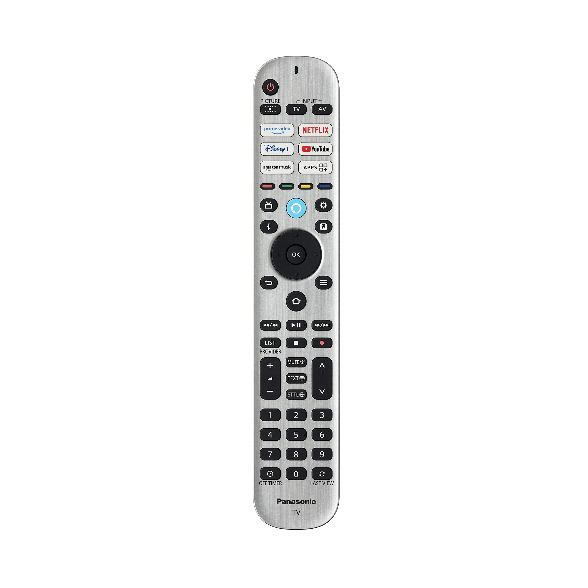 Eine silberne Panasonic TV-Fernbedienung mit Zifferntasten und App-Schnelltasten.