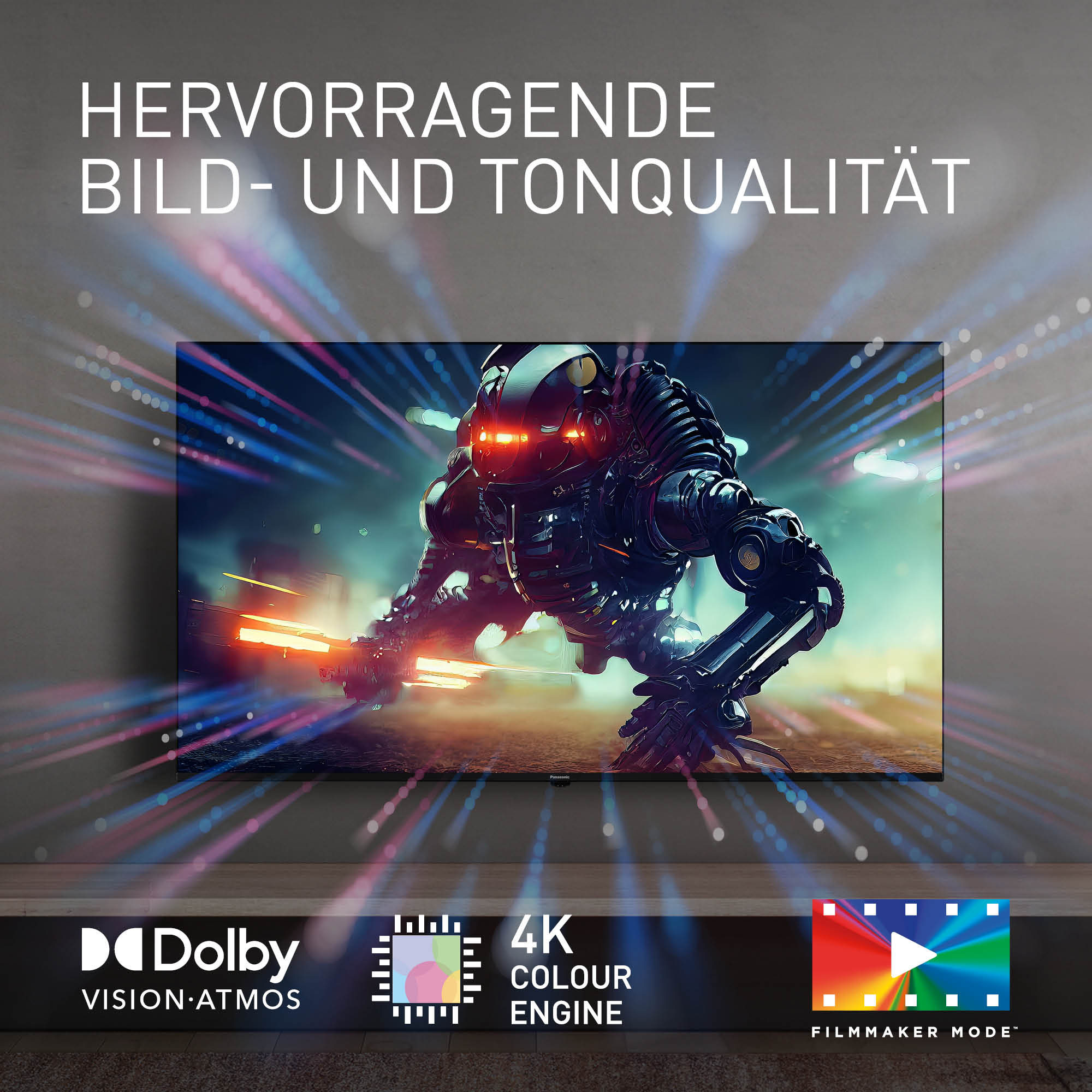 Mroczny robot ze świecącymi oczami na ekranie 4K.