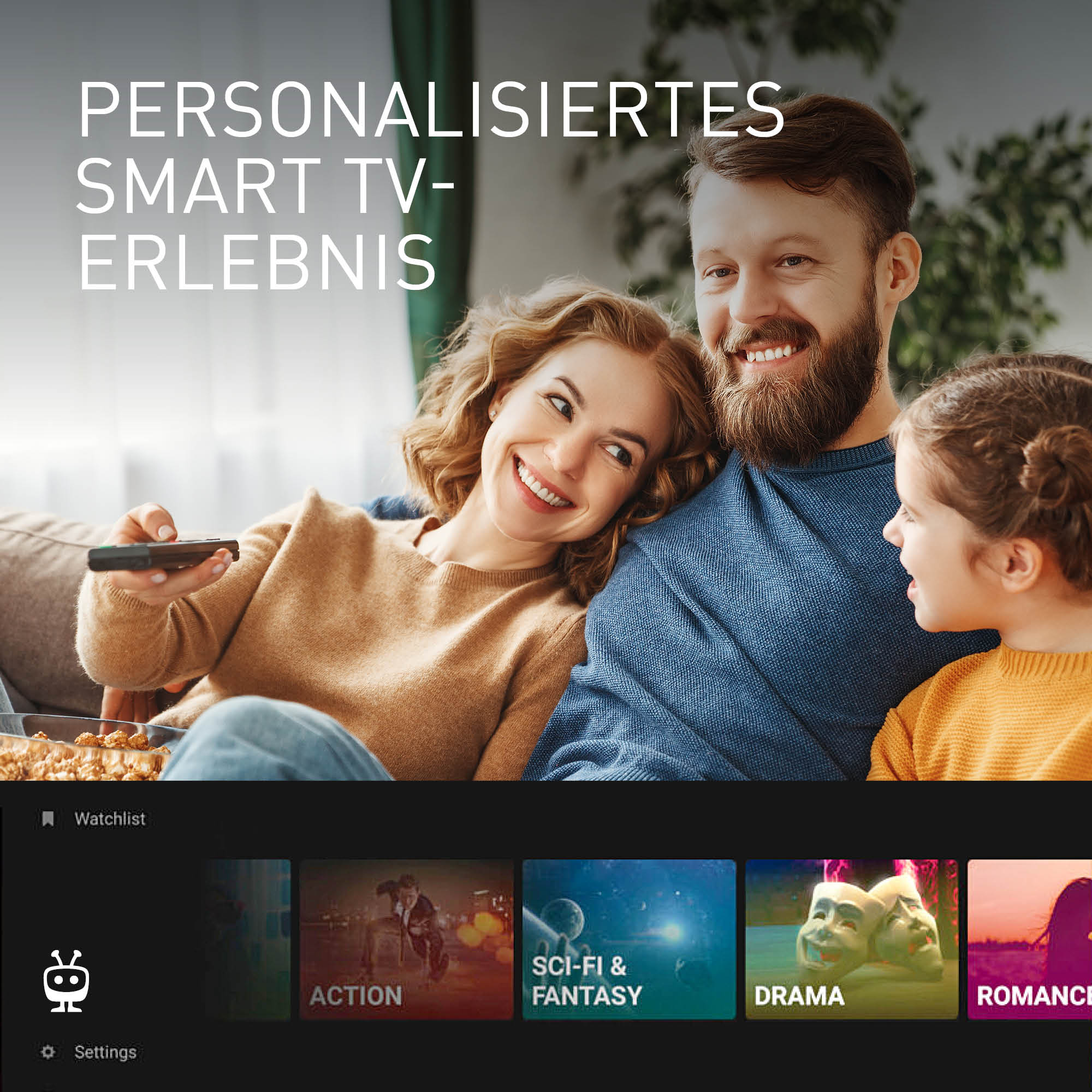 Rodzina ogląda telewizję, tekst o spersonalizowanych wrażeniach z Smart TV.