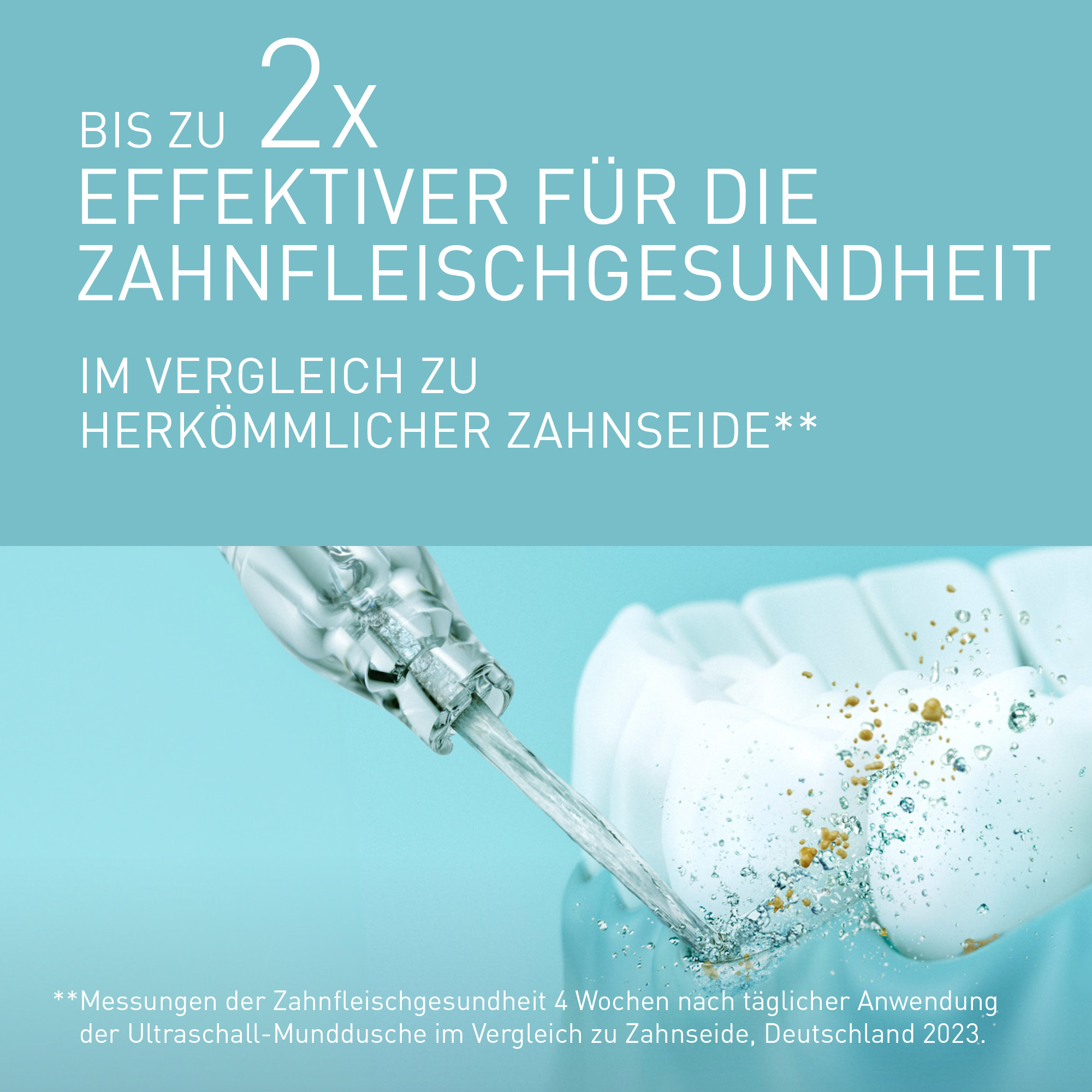 Ultraschall-Munddusche reinigt Zähne und Zahnfleisch, im Vergleich zu Zahnseide.