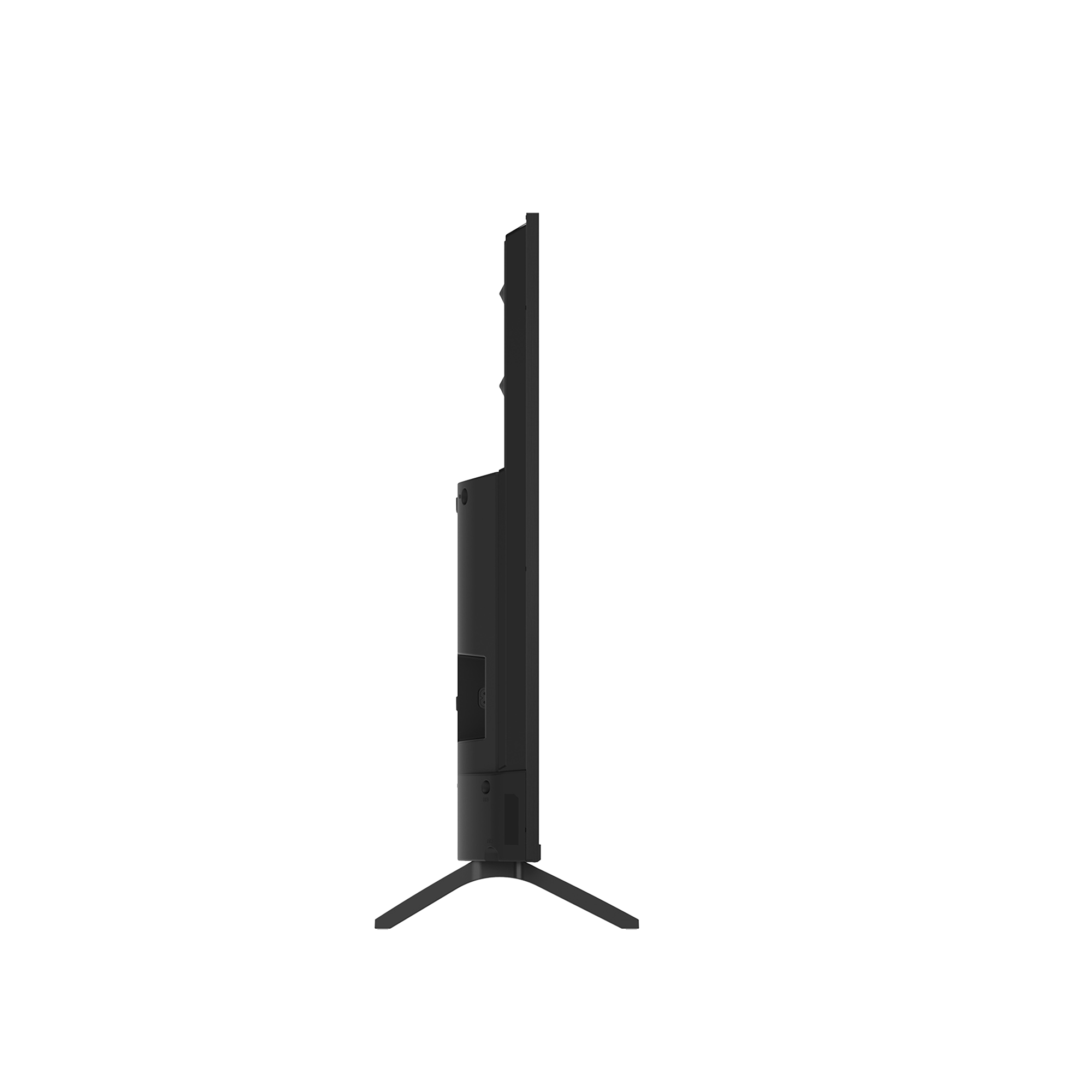 Une télévision à écran plat noire vue de son côté droit, montrant son profil mince et un support noir.