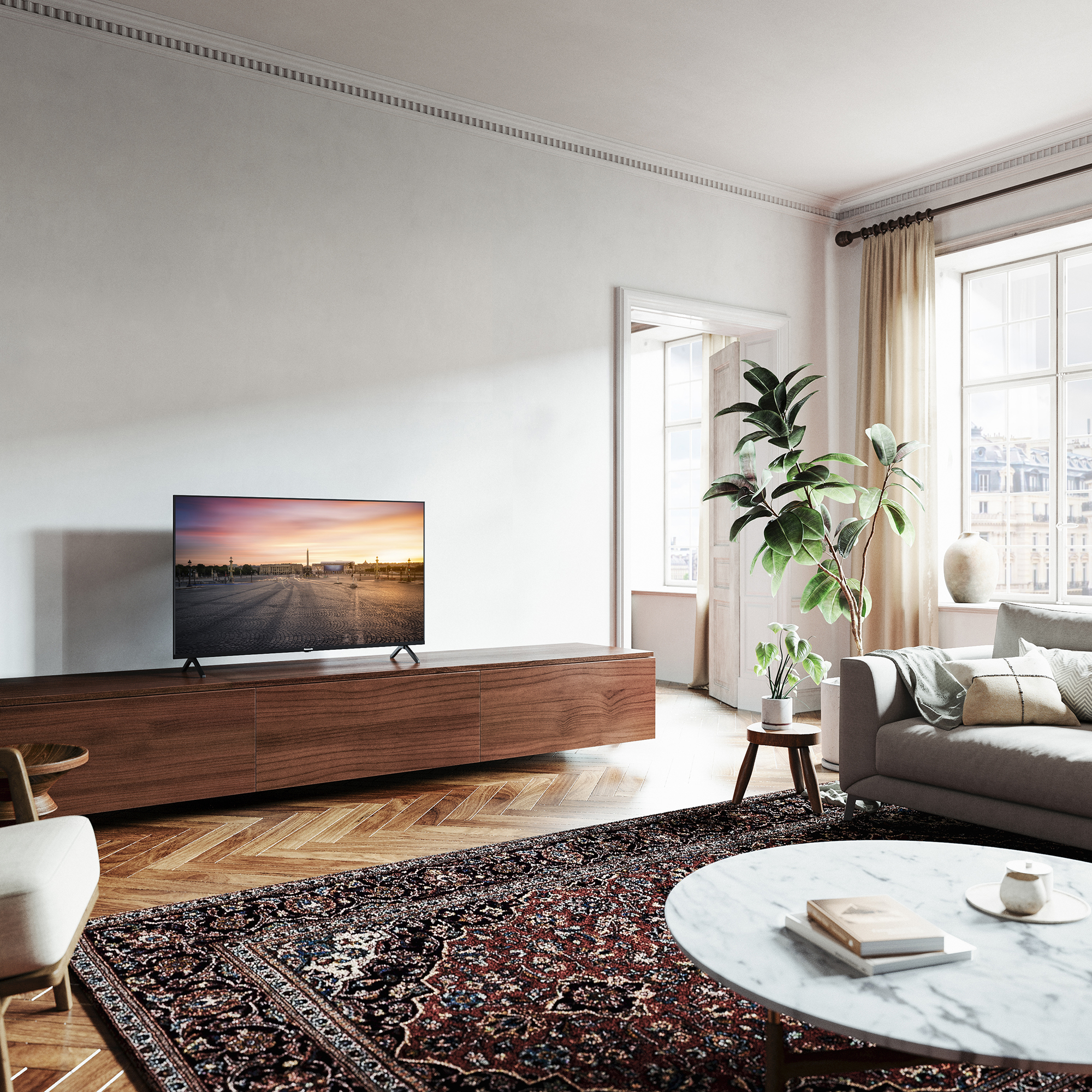 Un salon avec une télévision, un canapé, un tapis et des plantes.