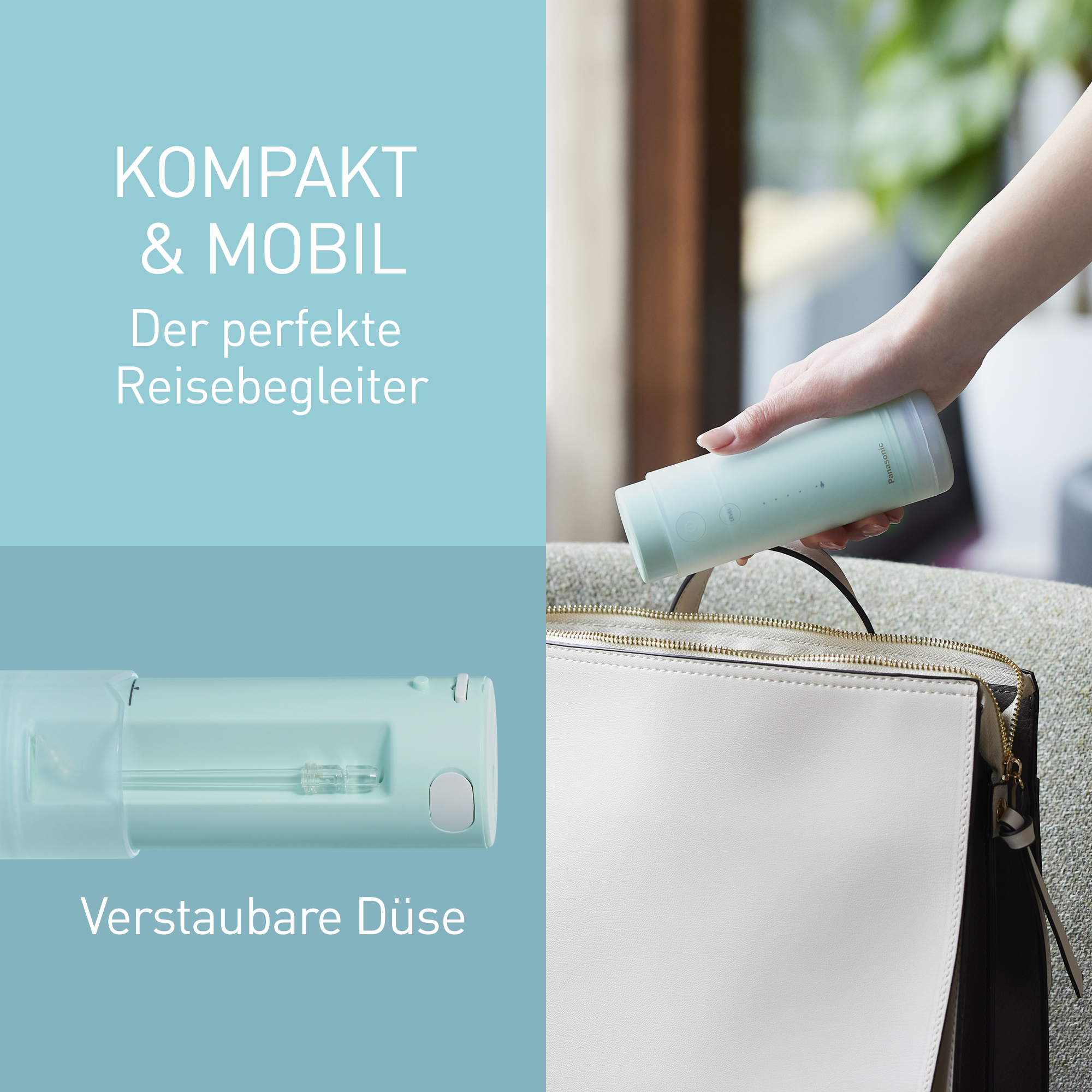 Eine Hand legt einen mintgrünen Reise-Mundduschen-Behälter in eine weiße Tasche.