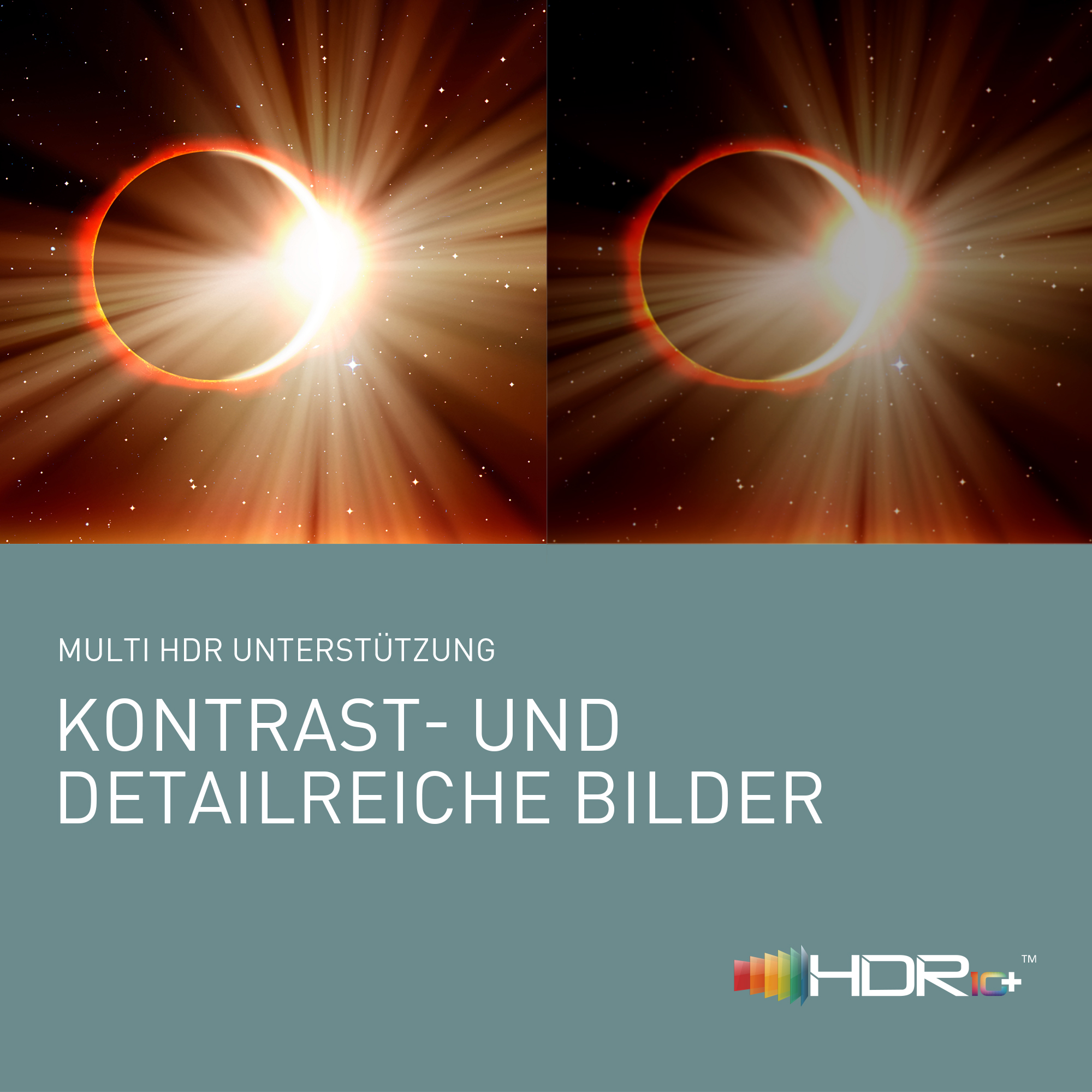 Zaćmienie słońca z promieniami i gwiazdami, tekst o obrazowaniu HDR.