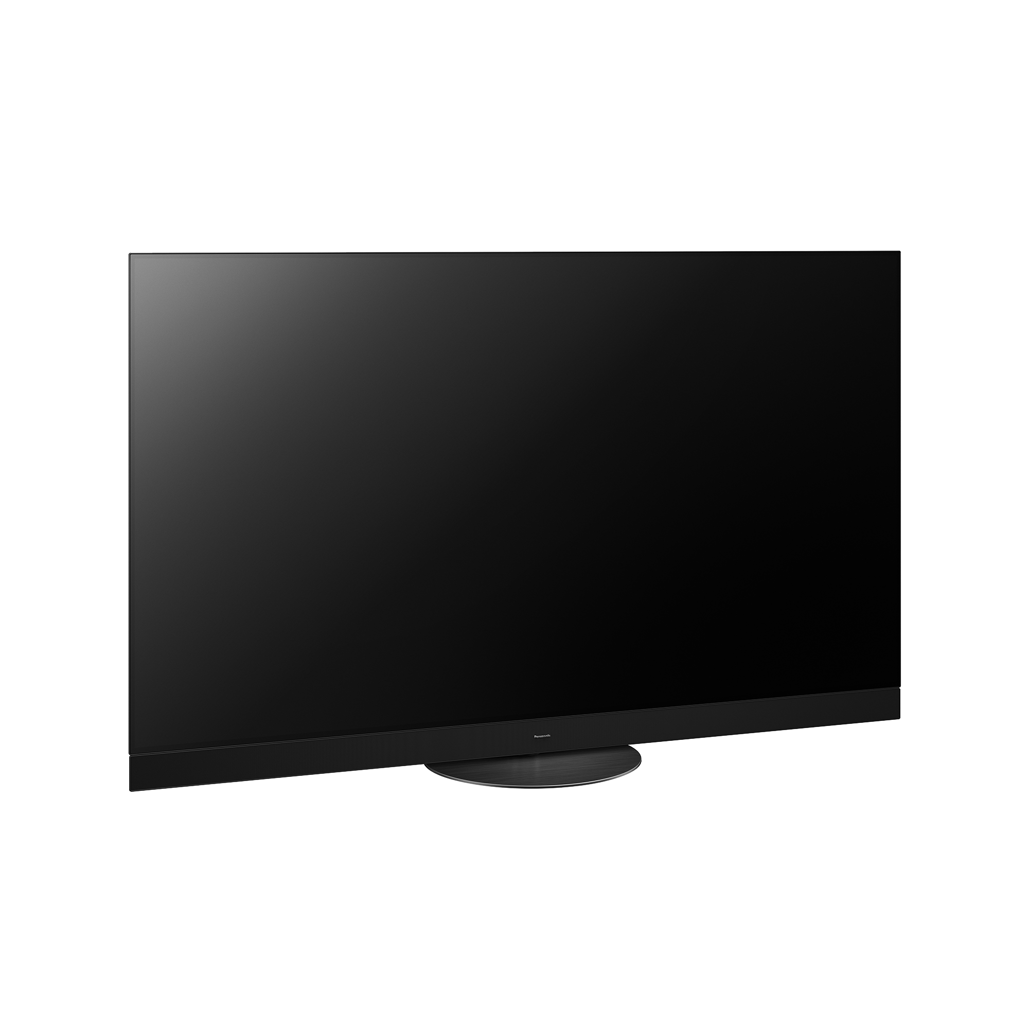 Een moderne zwarte televisie met een ronde metalen standaard.