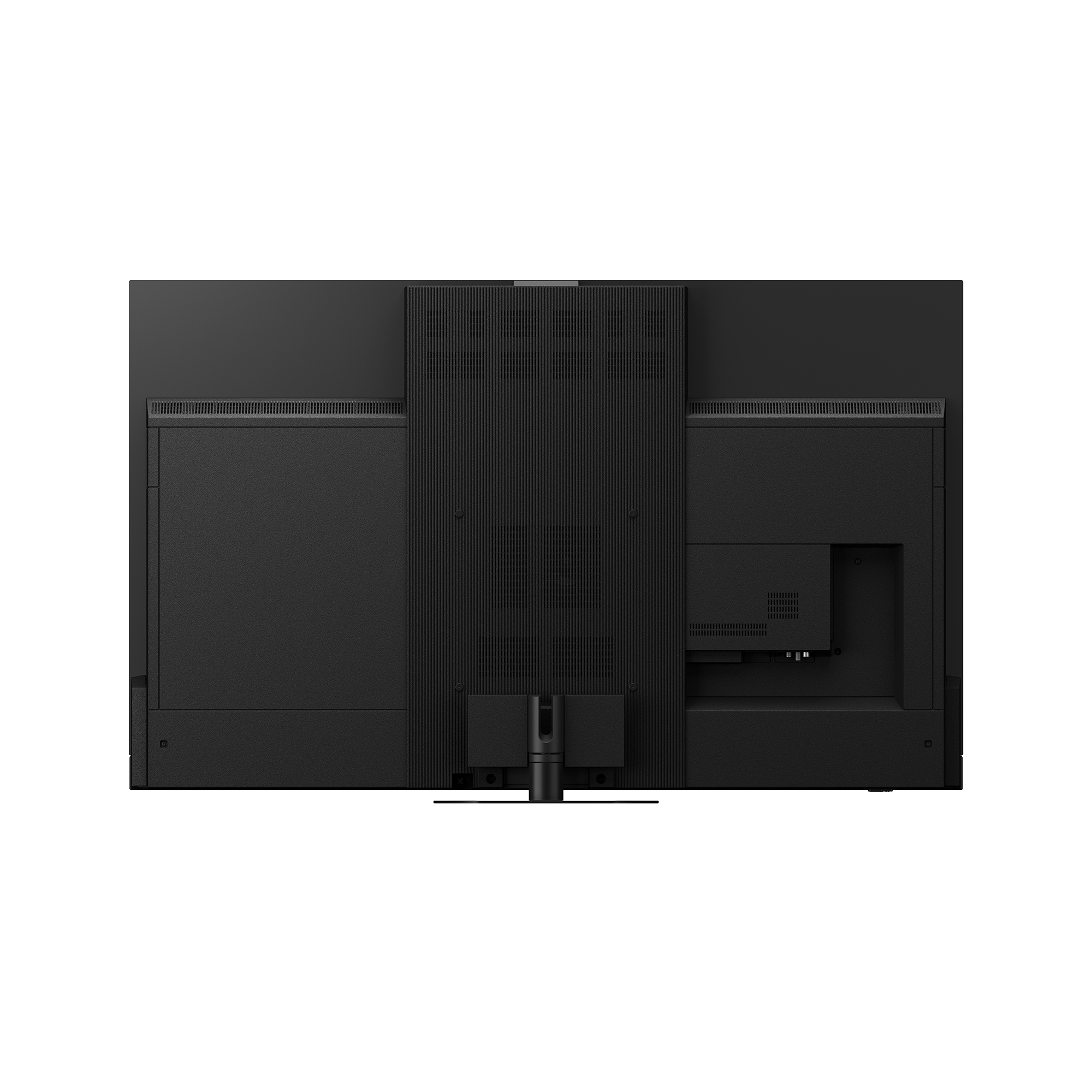 Achteraanzicht van een zwarte monitor met een gestructureerde achterplaat, ventilatieroosters en aansluitpoorten.