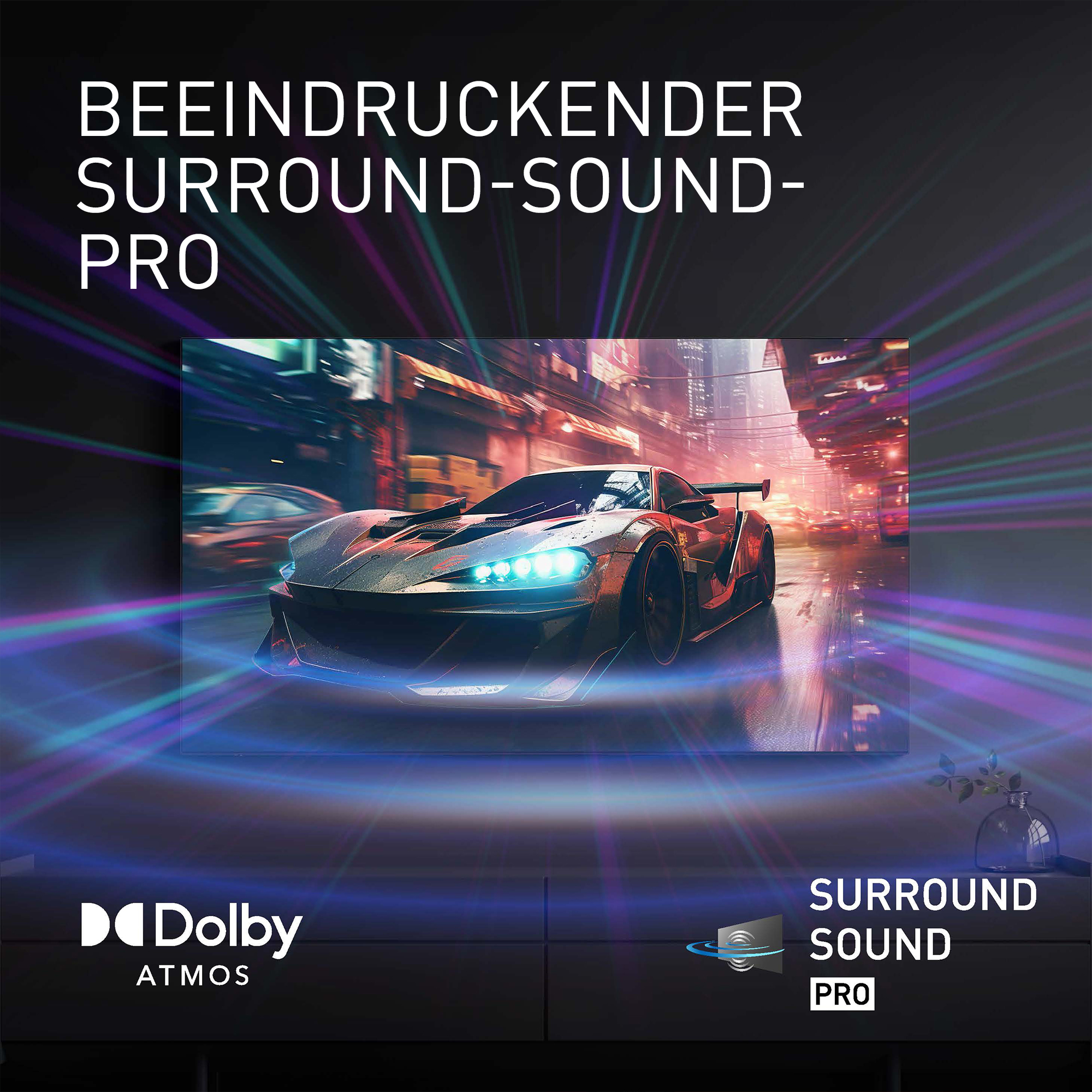 Futurystyczny samochód sportowy jedzie przez oświetlone miasto nocą.