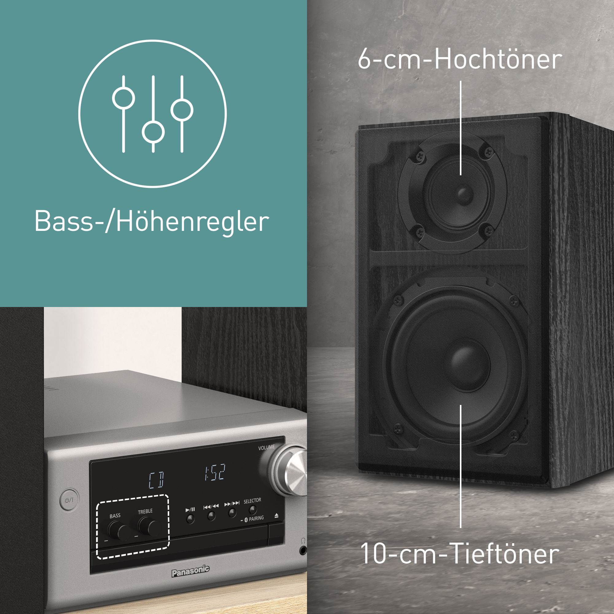 Stereoanlage mit Bass-/Höhenregler und 6-cm-Hochtönern und 10-cm-Tieftönern.
