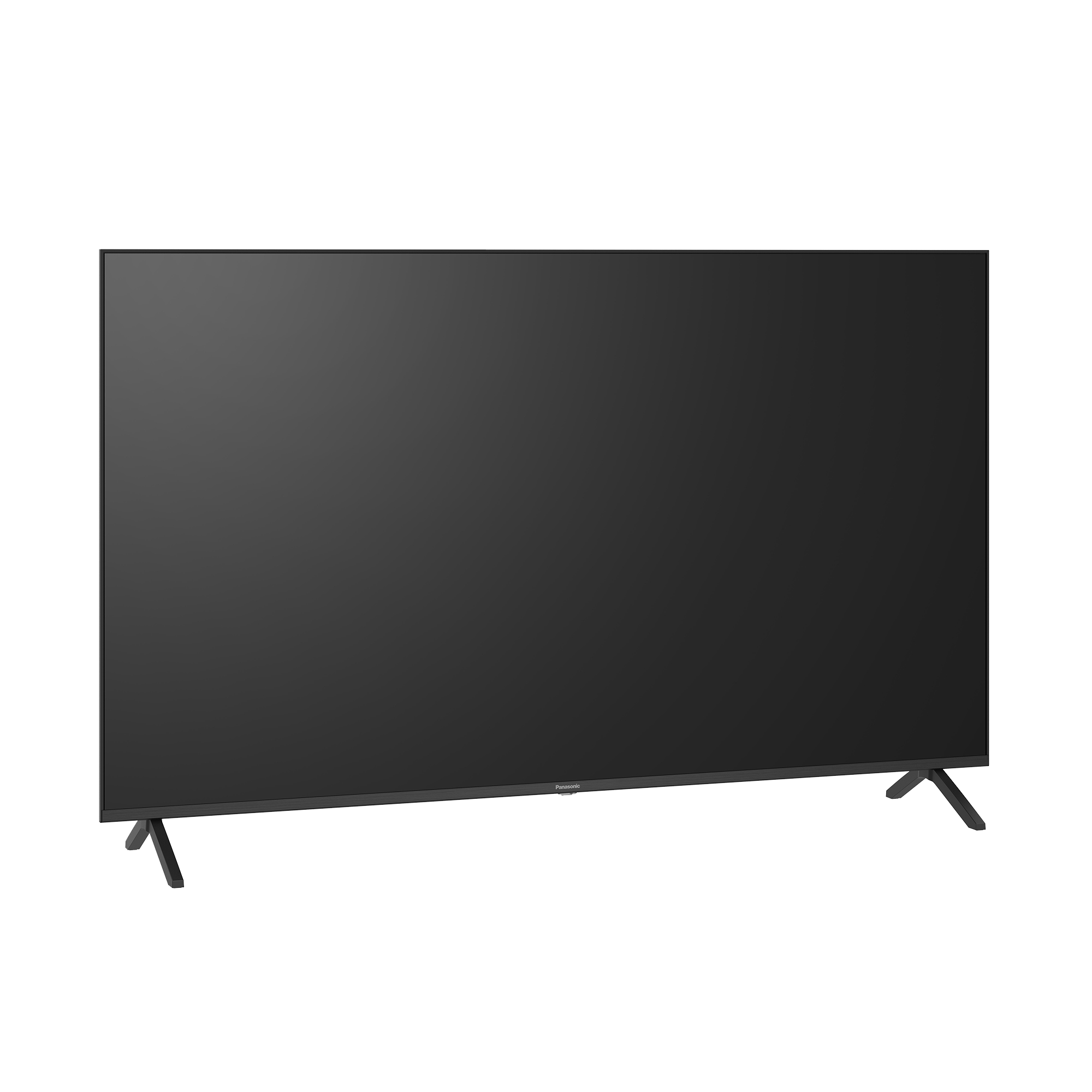 Ein schwarzer Panasonic Smart-TV mit dunklem Bildschirm und zwei dunkelgrauen Standfüßen ist schräg auf weißem Hintergrund dargestellt.