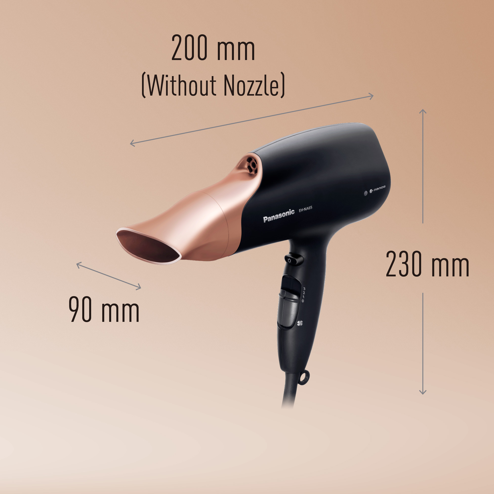 Czarna suszarka Panasonic z miedzianą dyszą, długość 200mm bez dyszy.