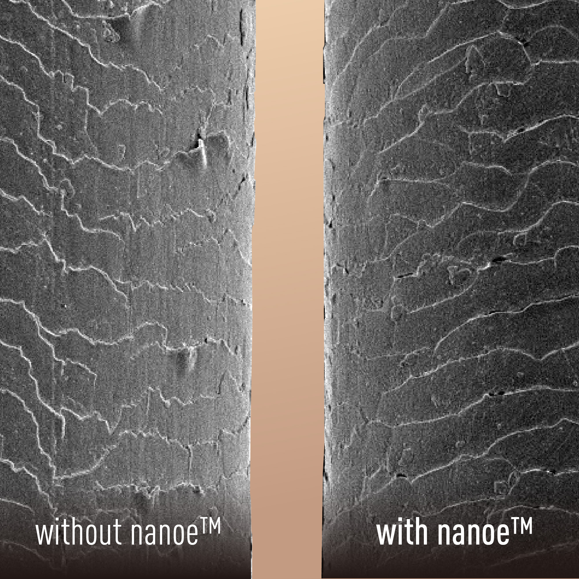 Mikroskopowy widok włosów: po lewej bez nanoe, po prawej z nanoe.