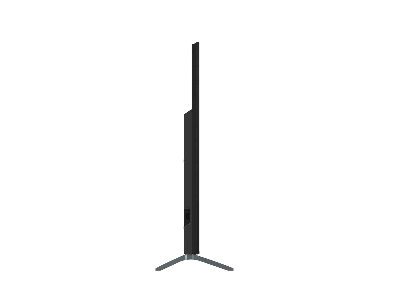 Una TV nera e sottile vista di lato con piedistallo argentato su sfondo nero.