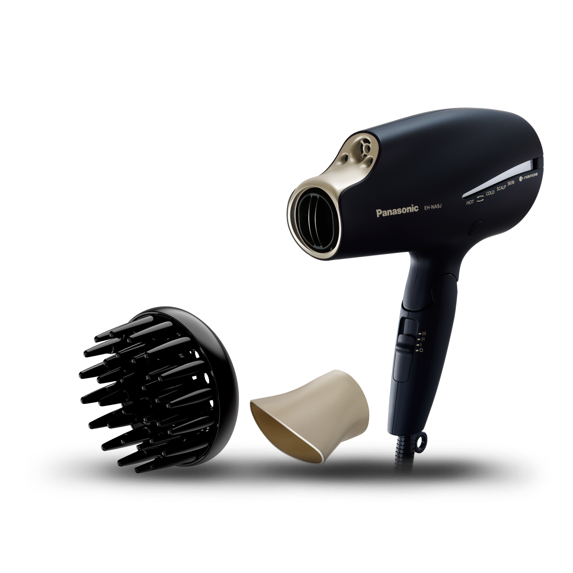 Czarna suszarka do włosów Panasonic z nasadkami.