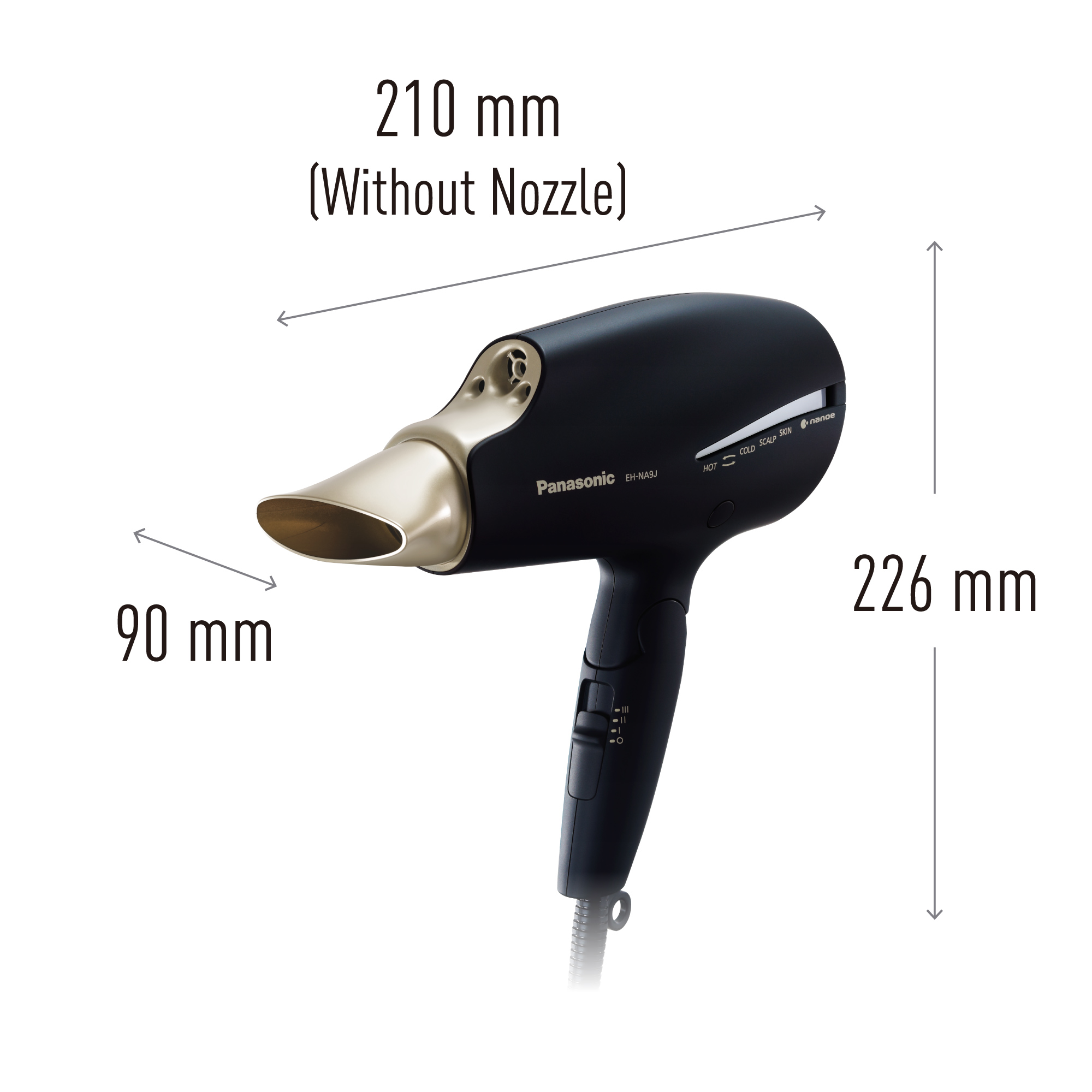 Czarna suszarka do włosów Panasonic ze złotą dyszą i elementami sterującymi.