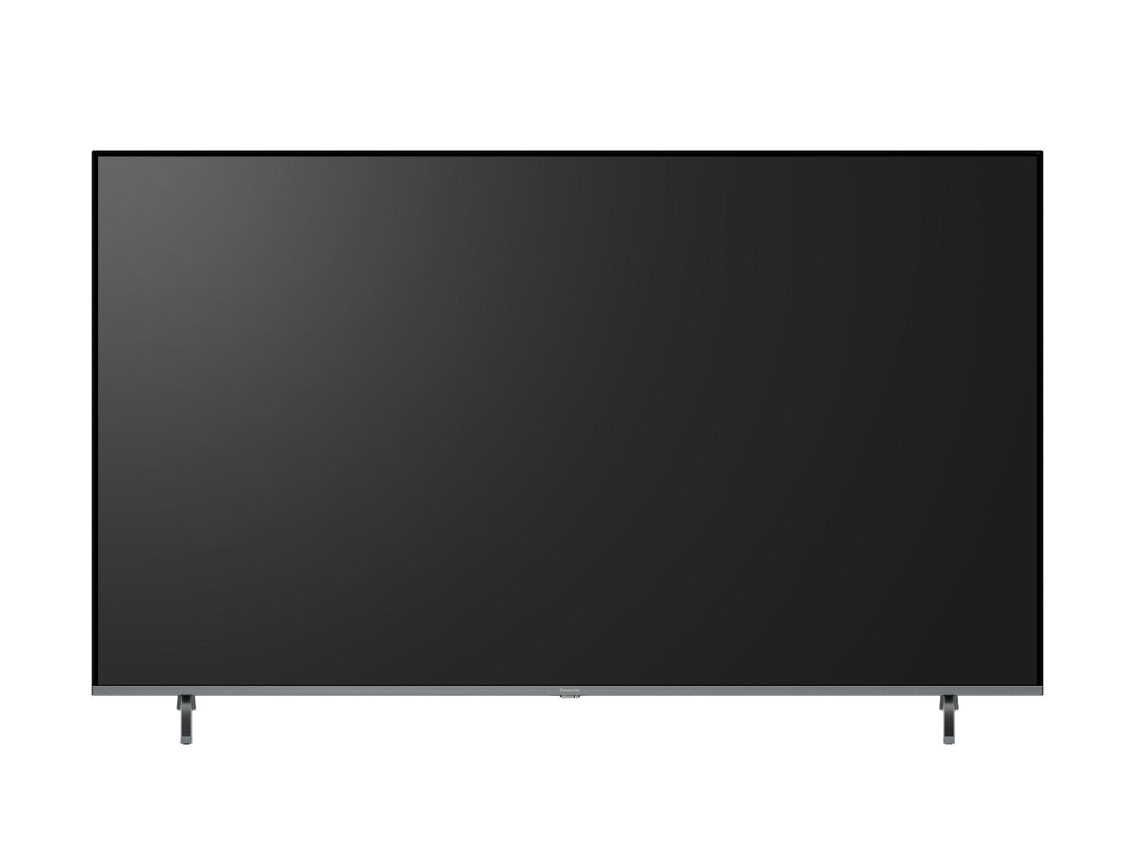 Ein moderner schwarzer Fernseher mit dünnem Rahmen steht auf zwei Füßen.