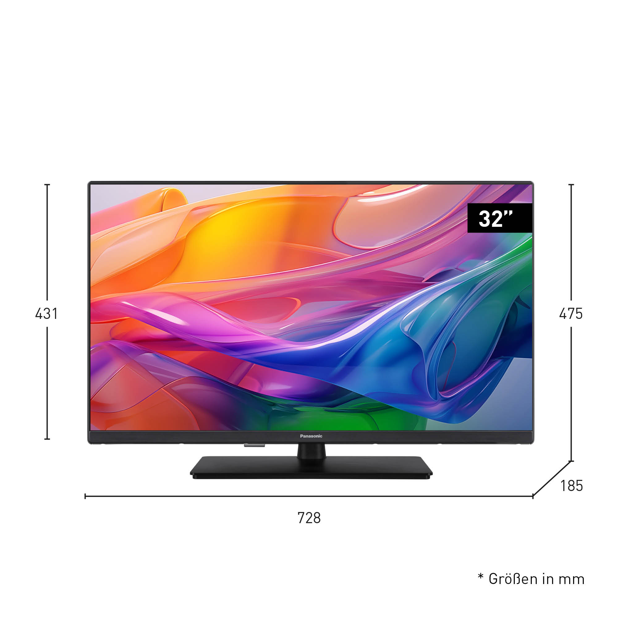 Ein schwarzer Panasonic 32-Zoll-Fernseher mit einem farbenfrohen abstrakten Bild auf dem Bildschirm, begleitet von Abmessungen in Millimetern.