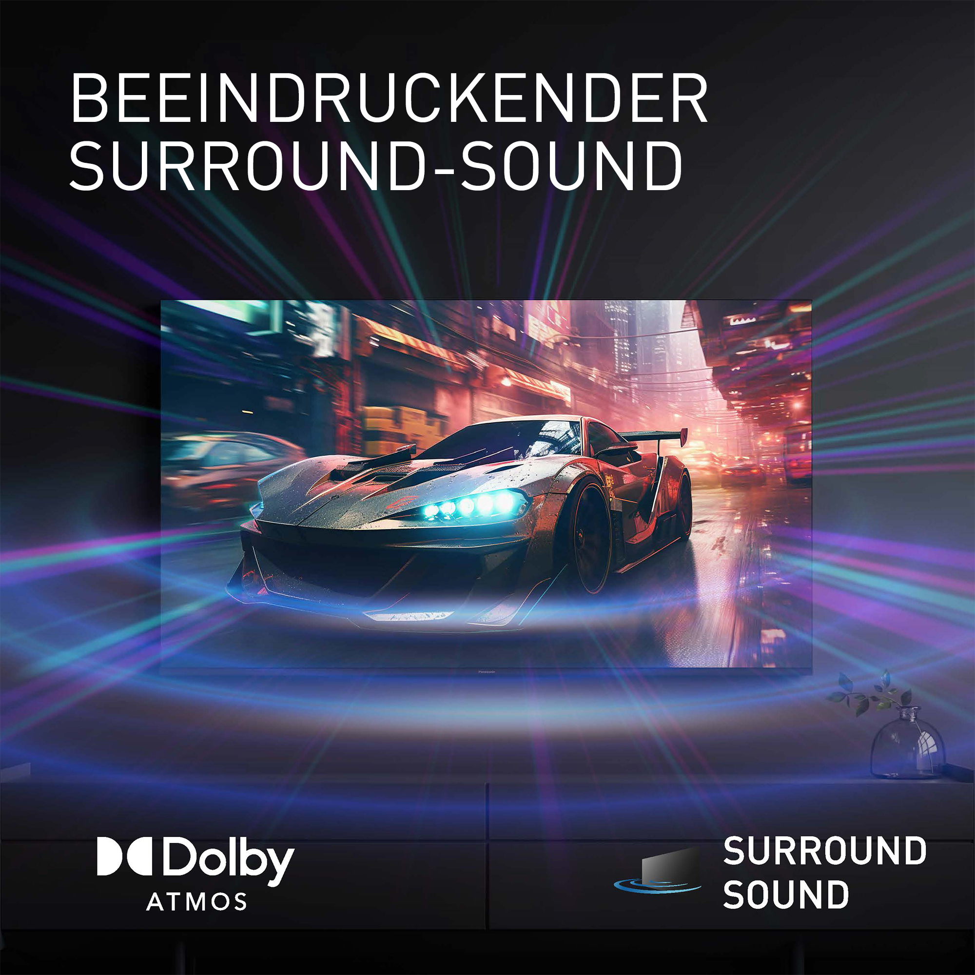 Samochód sportowy w neonowym mieście z logo Dolby Atmos.