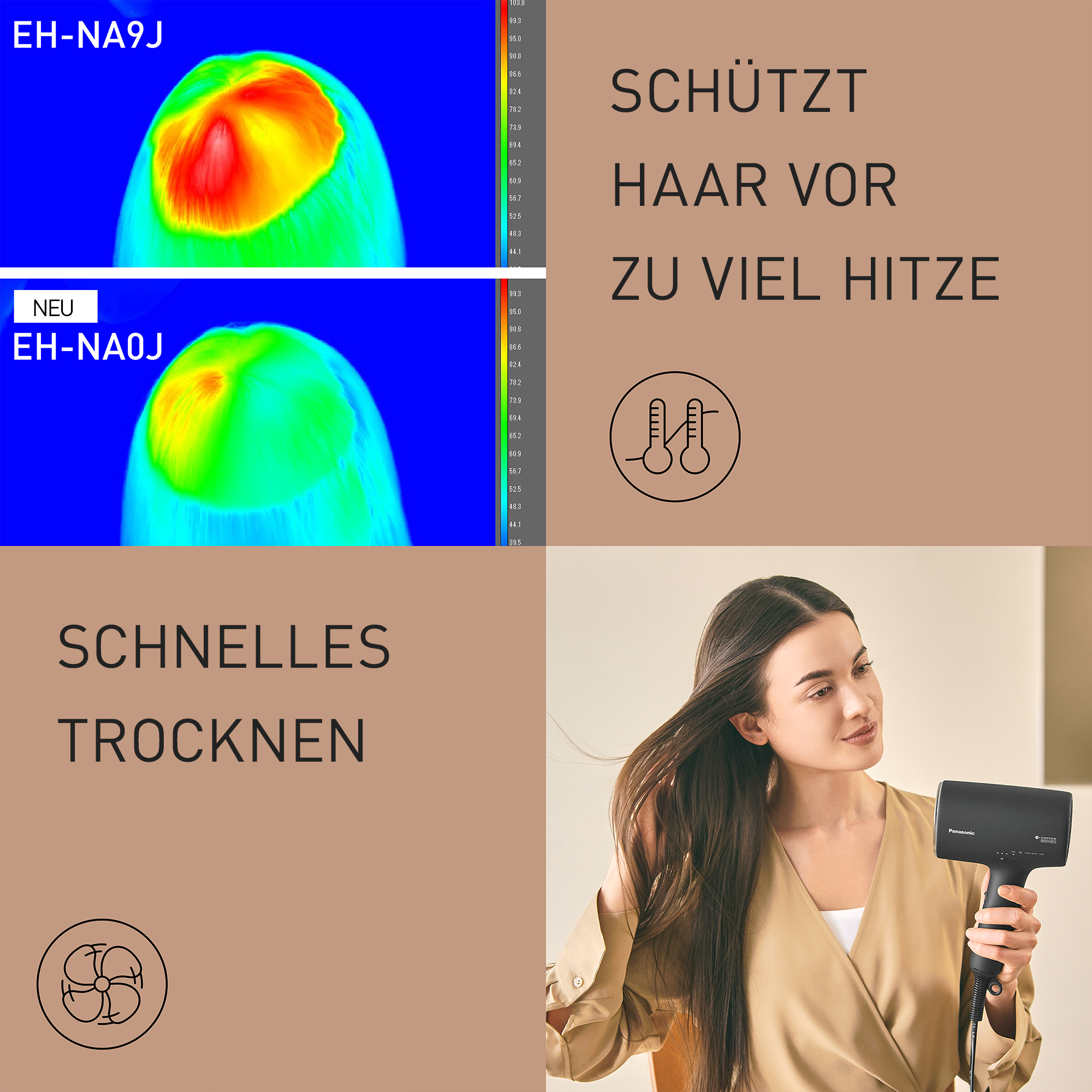 Frau trocknet ihr Haar mit einem schwarzen Panasonic Föhn. Thermobilder zeigen Hitze.
