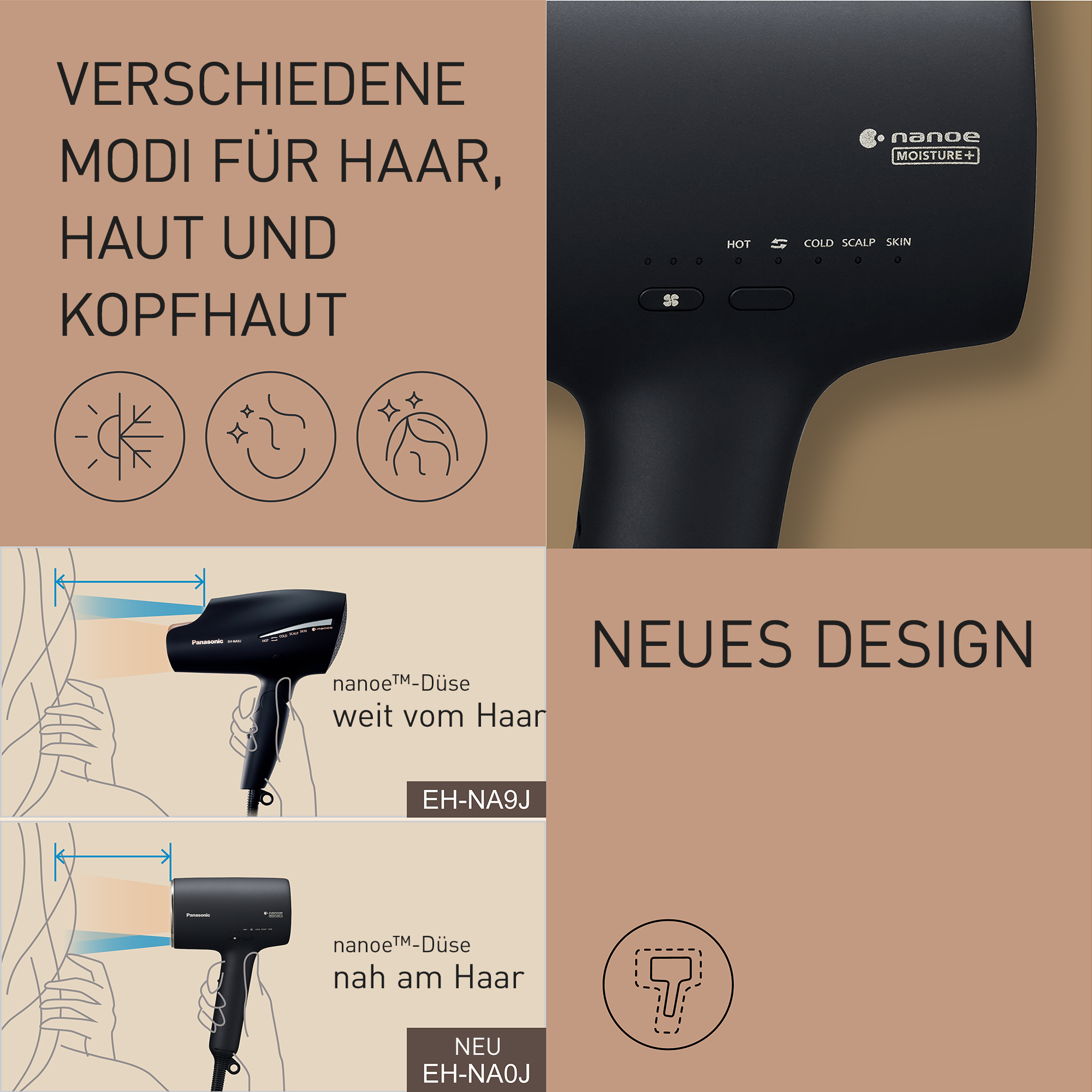 Ein schwarzer Haartrockner mit verschiedenen Einstellungen, deutscher Text über Haar-, Haut- und Kopfhautmodi und neues Design.