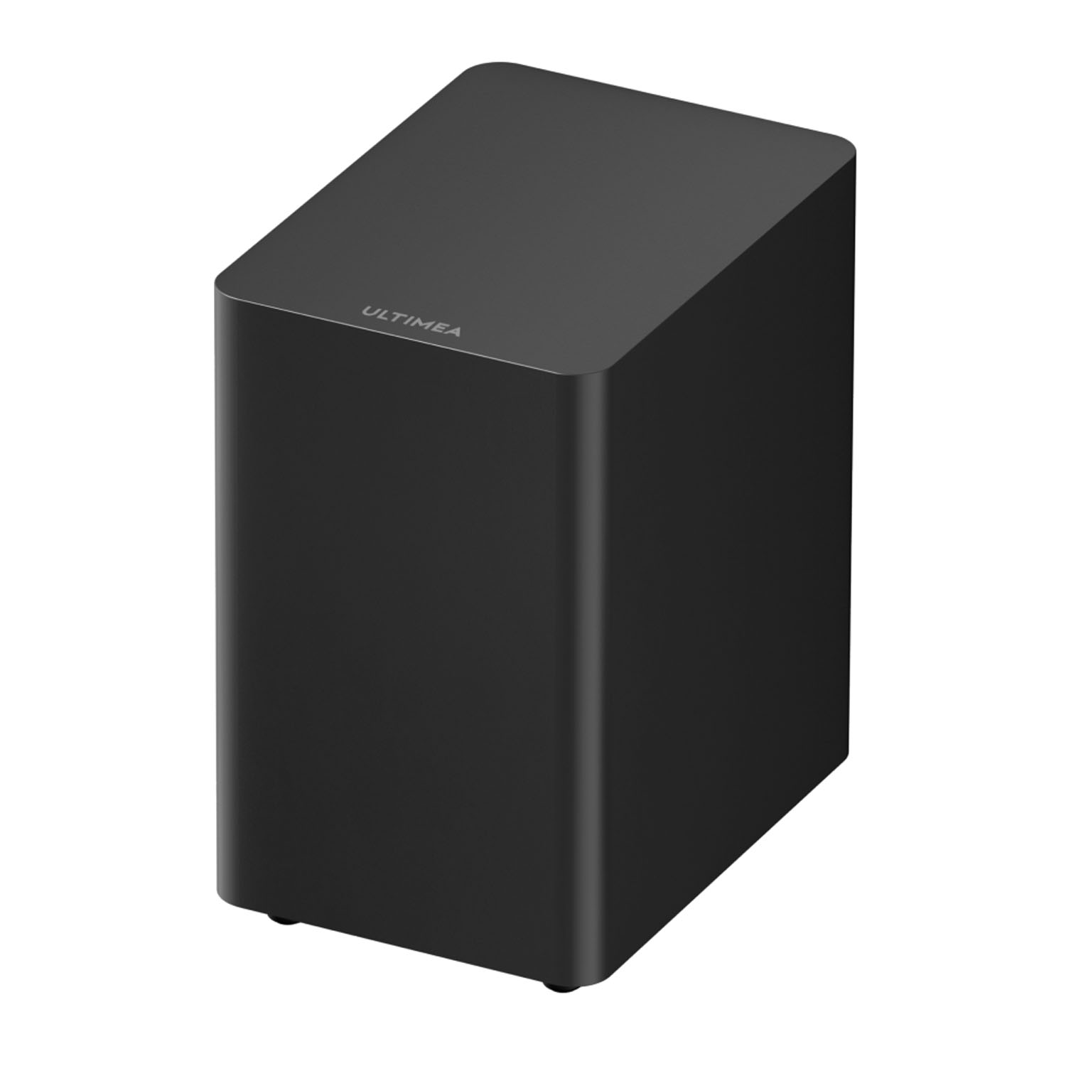 Czarny, prostokątny subwoofer z zaokrąglonymi krawędziami na białym tle.