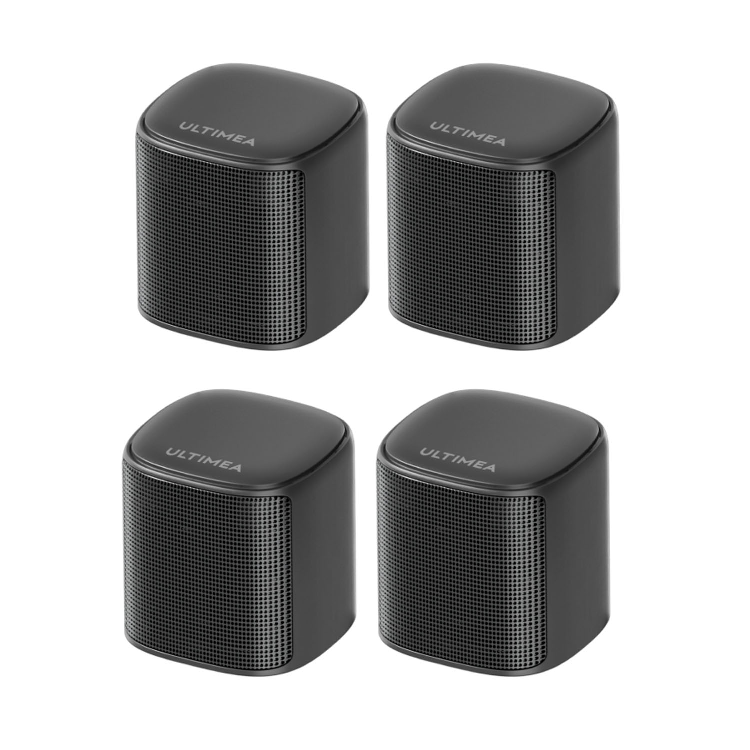 Cztery czarne, sześcienne głośniki z marką ULTMEA na górze.